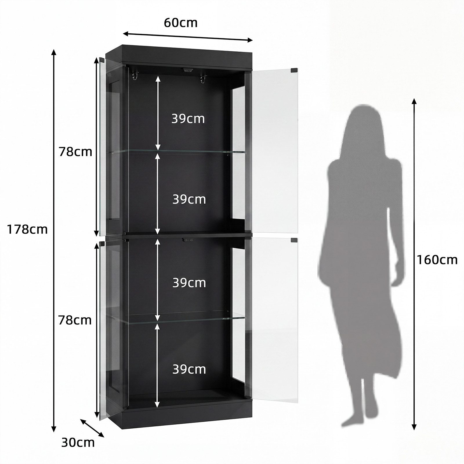 SVEYLXA Vitrine Beleuchtete LED Vitrine mit Glastüren & Regalen in Weiß/Schwarz (1-St) für Wohnzimmer, Küche & Bad, 60×30×178cm – Bild 4 von 5