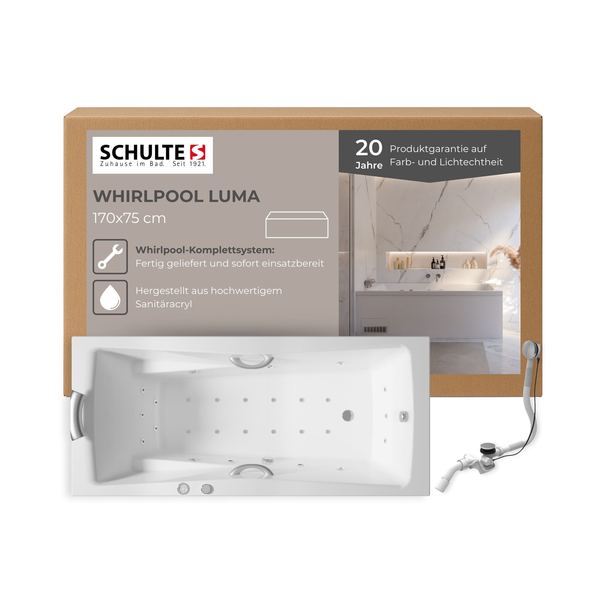 Schulte Whirlpool-Badewanne Luma, Sanitäracryl, Weiß, Größenauswahl, (Komplettsystem), Hydro-Jet Massage- und Luftsystem