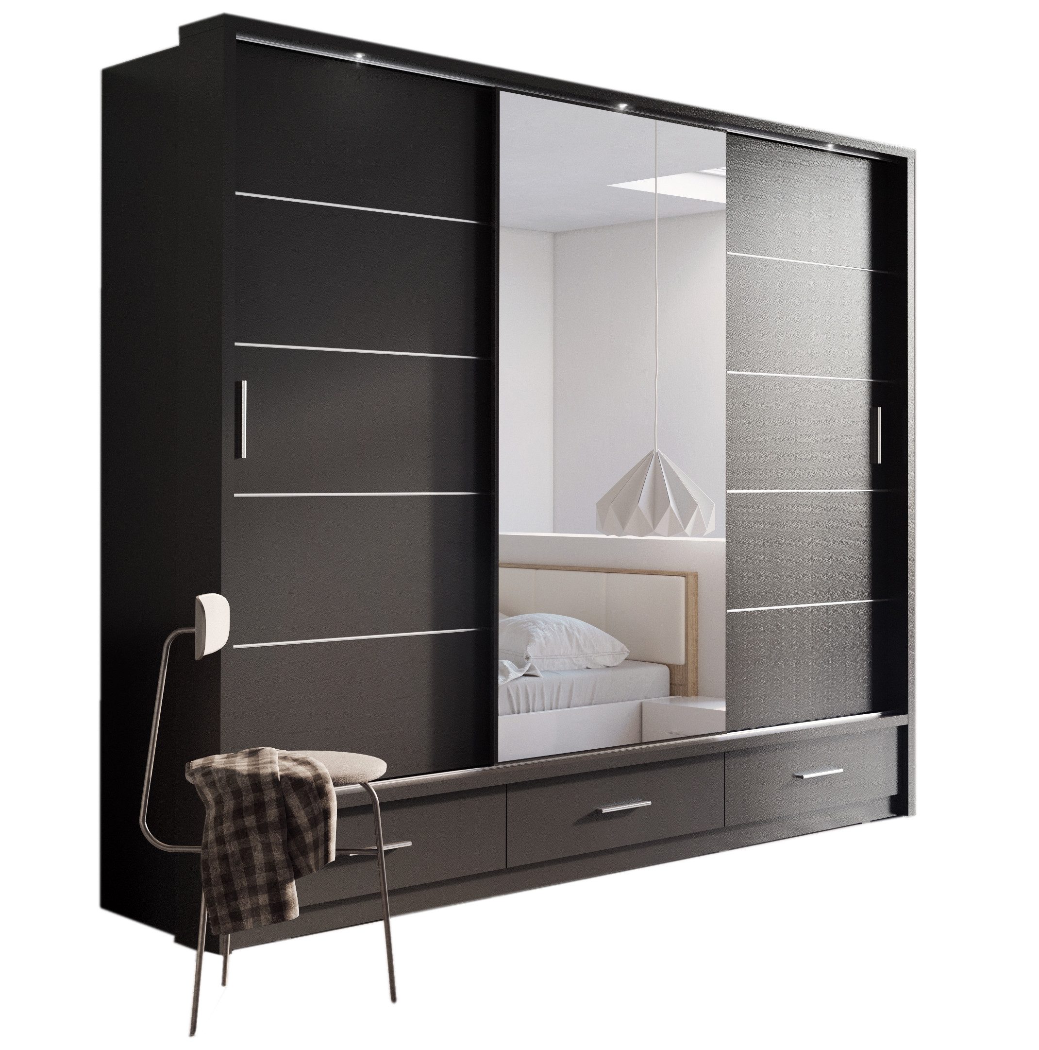 Compleo Kleiderschrank 3-türig Schwebetürenschrank mit Spiegel & 3 ...
