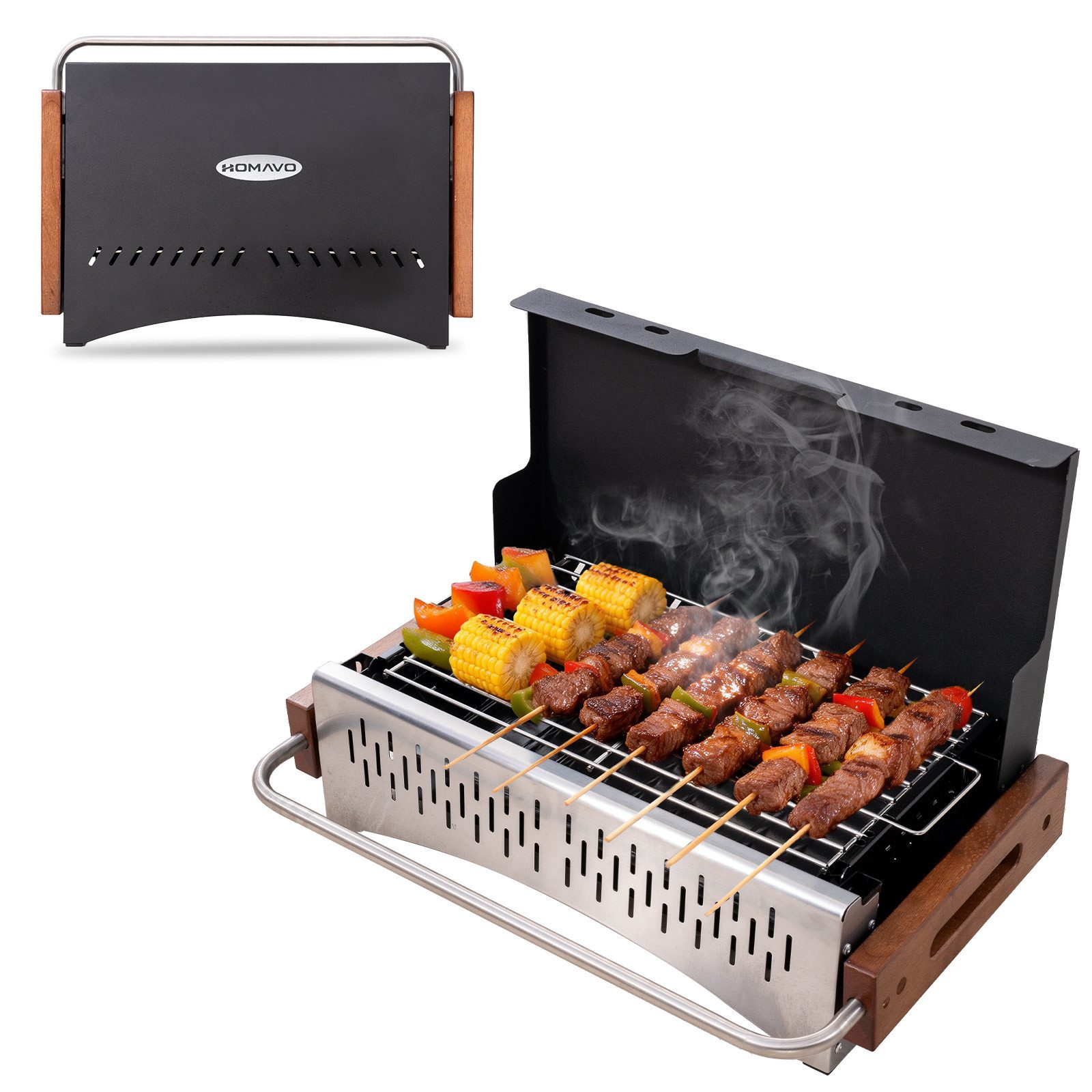 HOMAVO Holzkohlegrill Camping, tragbar & klappbar, Grillfläche: 38,15 × 20,95 cm, Optionales Grillwerkzeugset, für Camping, Picknick und Garten