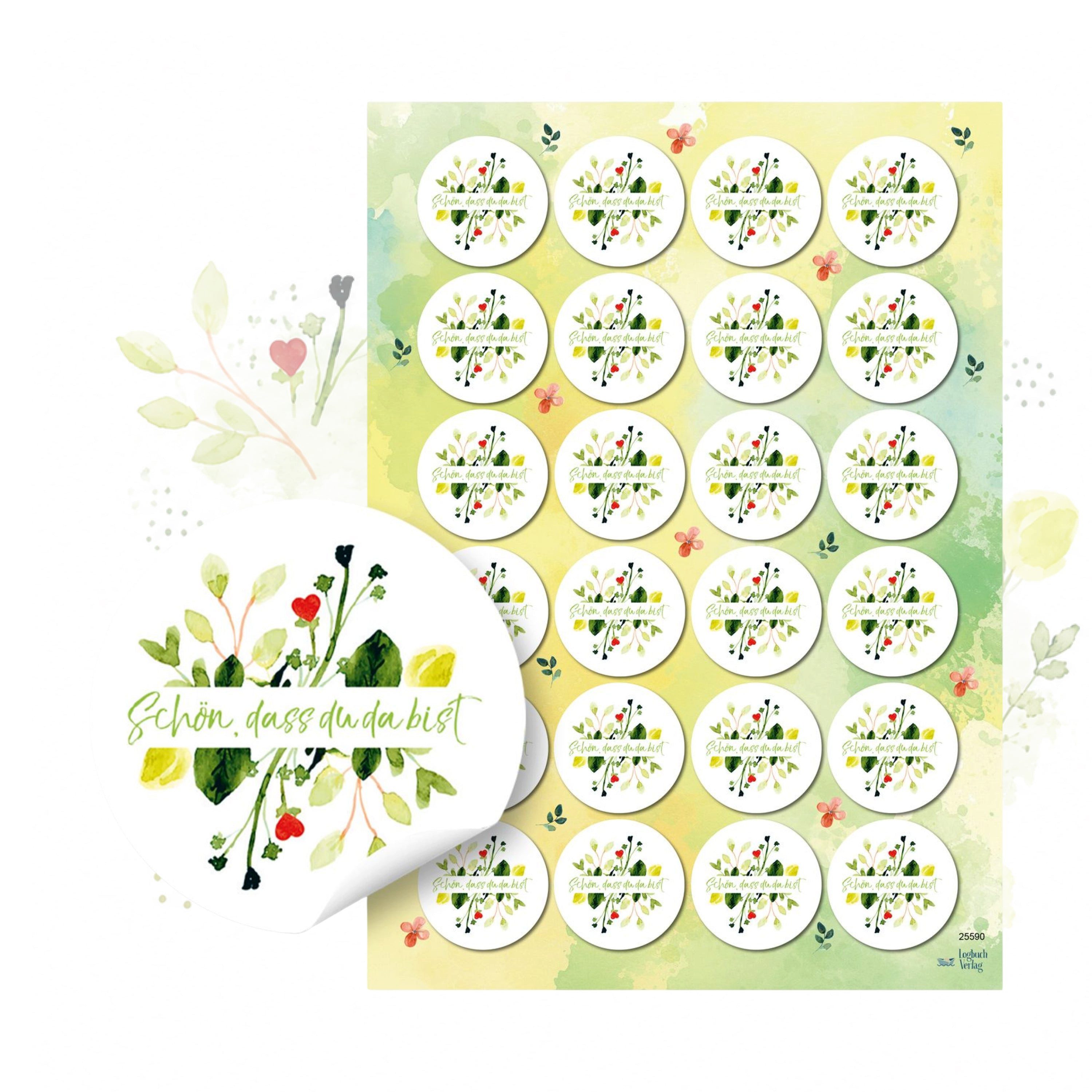Logbuch-Verlag Aufkleber Sticker Set 24 Stück Schön dass du da bist Blumenmotiv rund Ø 4 cm