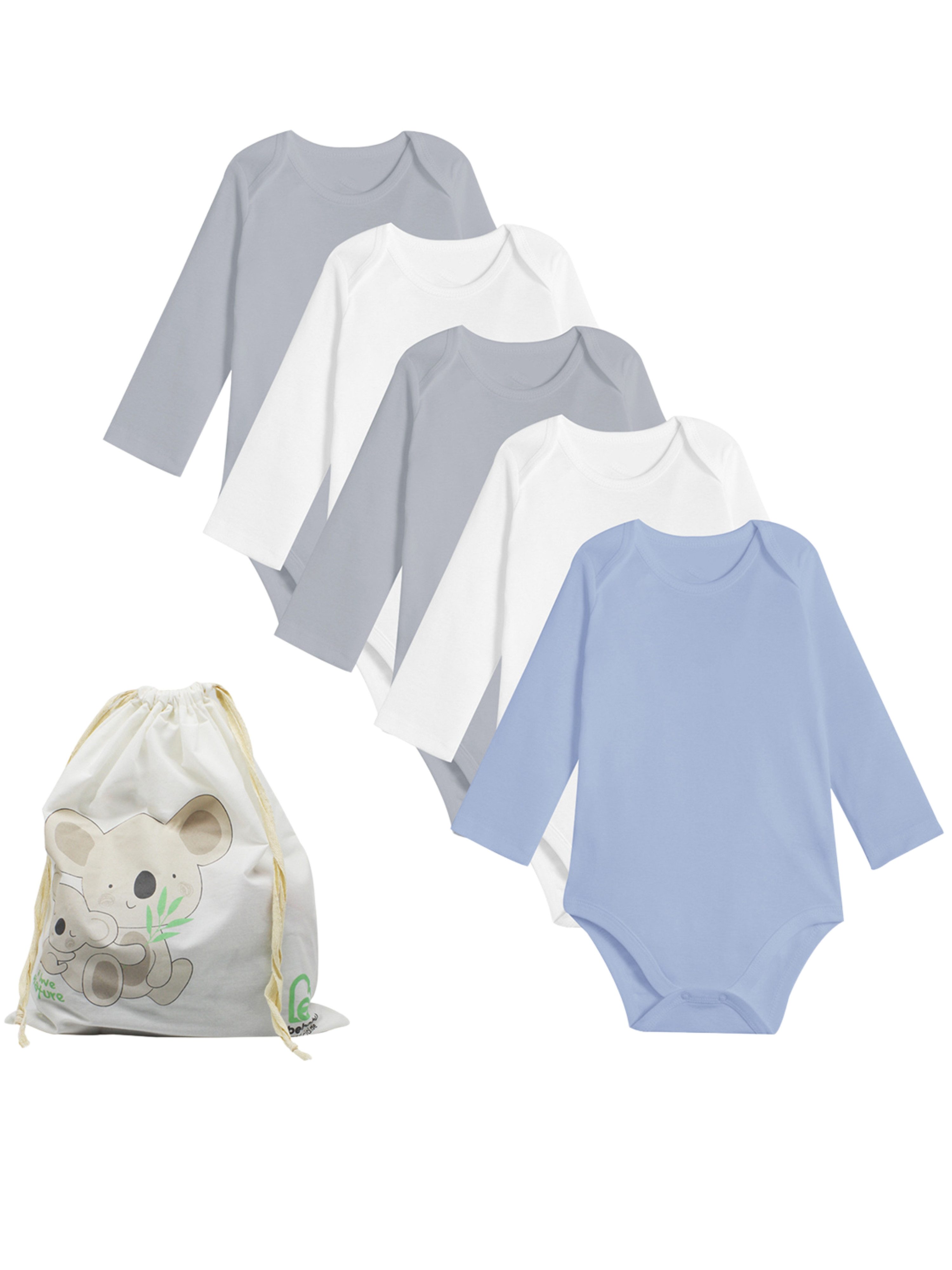 biorganic Langarmbody (5er Pack) für Jungen und Mädchen, Unisex, Mehrfarbig, Baby Body (Set, 6-tlg., 5er-Pack Bodys & 1 Beutel) Langarm, 100% Bio-Baumwolle, GOTS-zert., mit praktischen Druckknöpfen