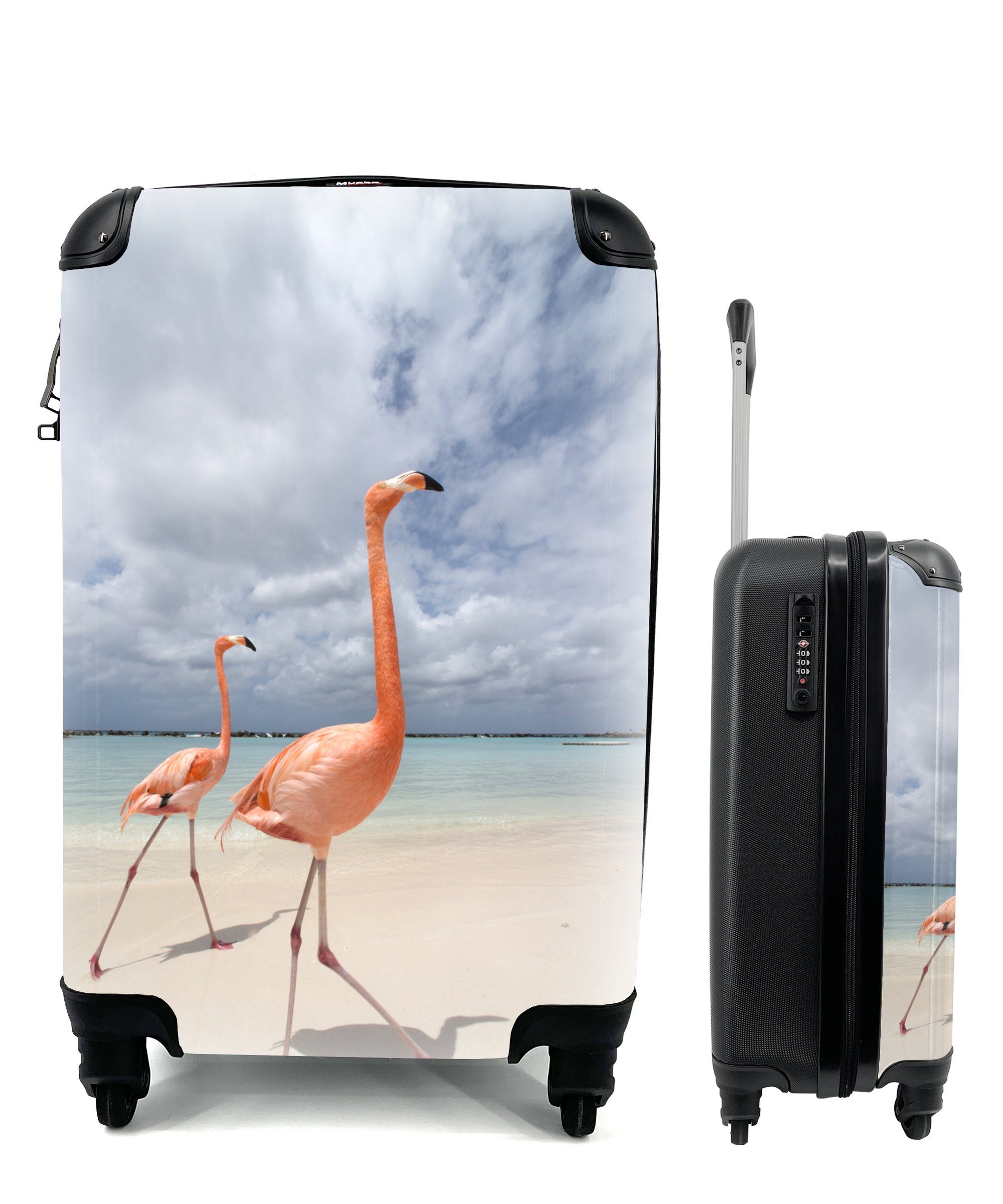 MuchoWow Handgepäckkoffer Zwei stolze Flamingos spazieren am Strand, 4 Rollen, Reisetasche mit rollen, Handgepäck für Ferien, Trolley, Reisekoffer