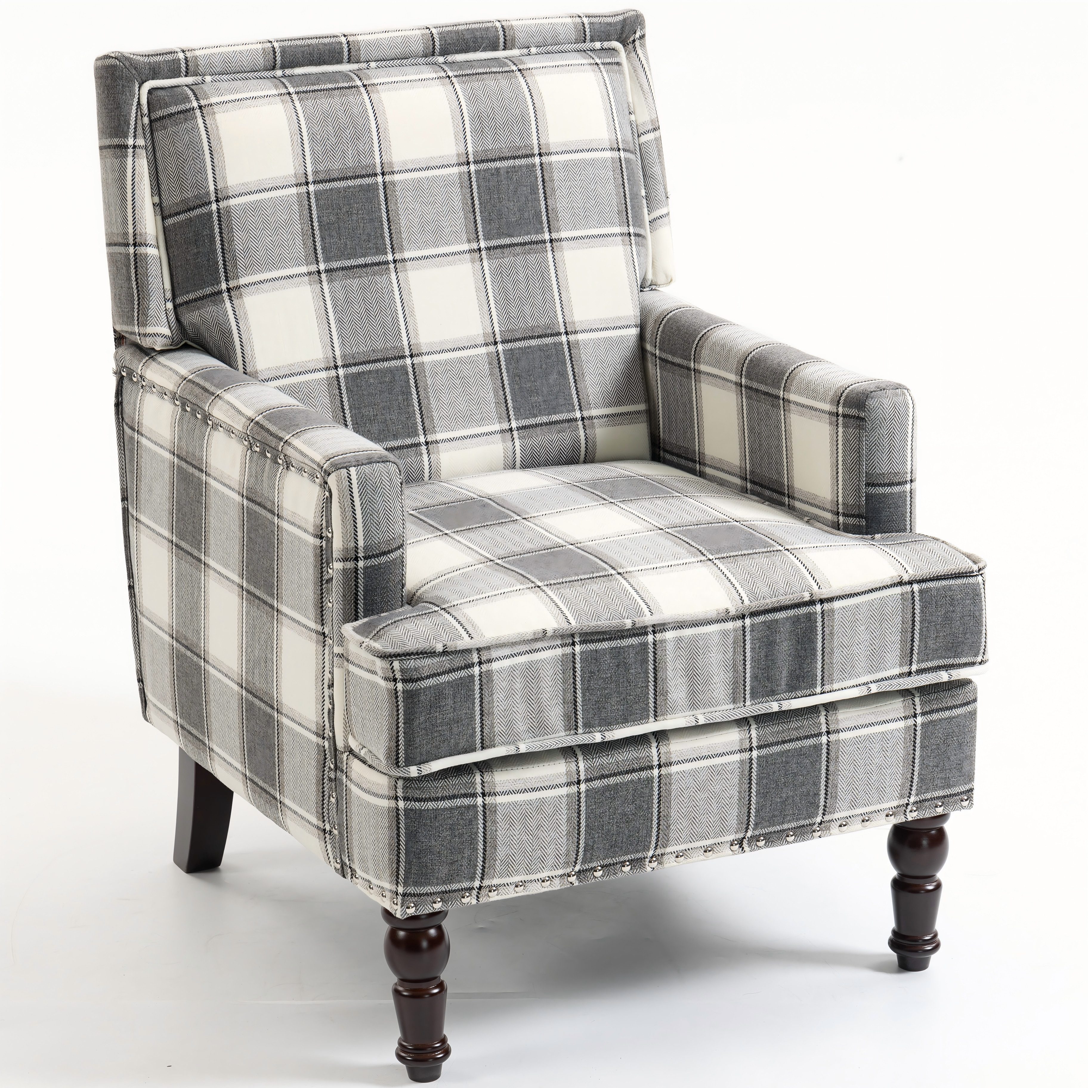 KLAM HOME Loungesessel Retro-Sessel aus blau-weiß gestreiftem Baumwoll-Leinenstoff (Wohnzimmer Sessel mit edler Nagelkopfeinfassung & Massivholzrahmen), Bequemer Polster-Sessel mit Hochdicht-Schaum für stilvolle Innenräume