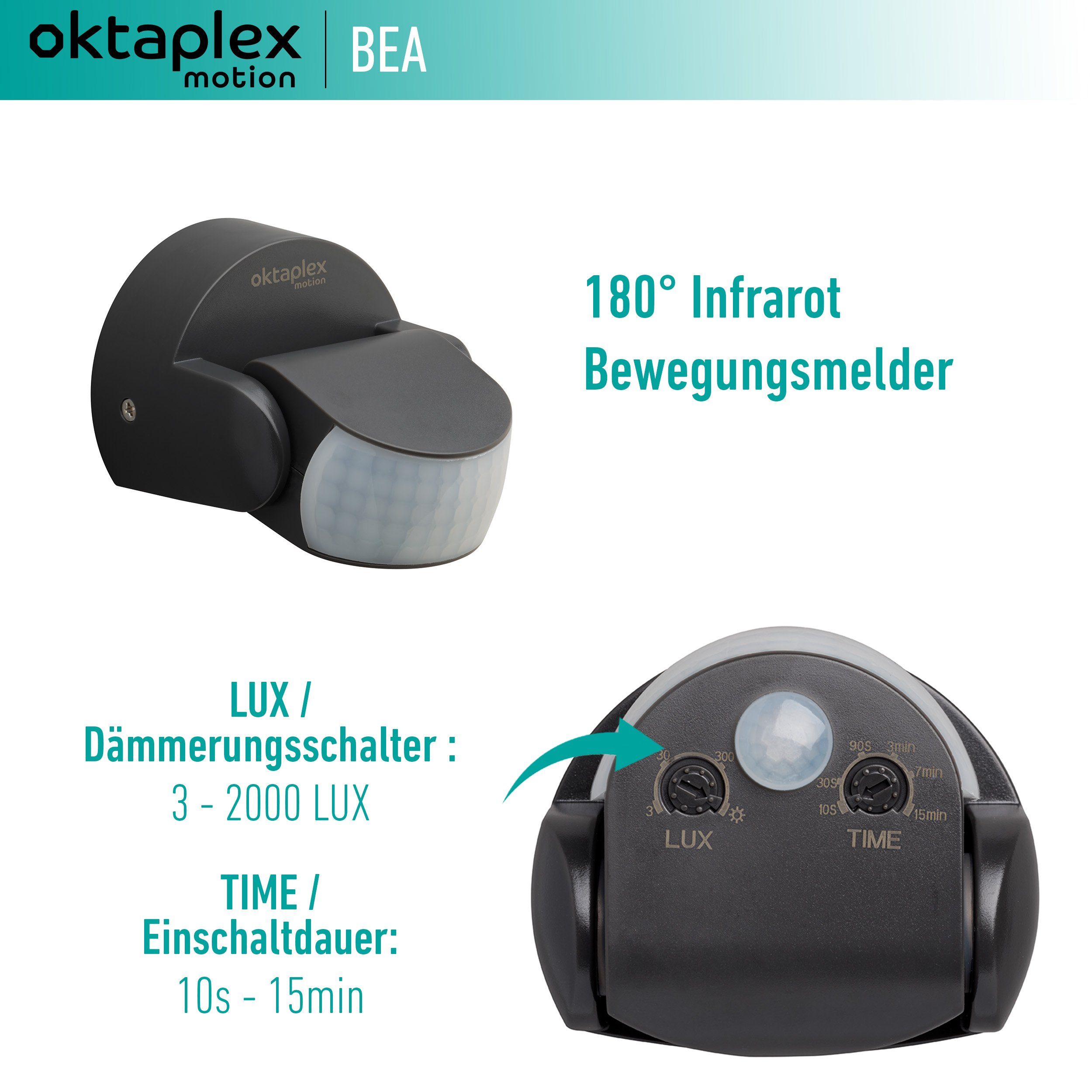 2 IP65 Aussen Bewegungsmelder 12m Aufputz anthrazit schwenkbar 230V Infrarotsensor Reichweite Sensoren, motion Oktaplex