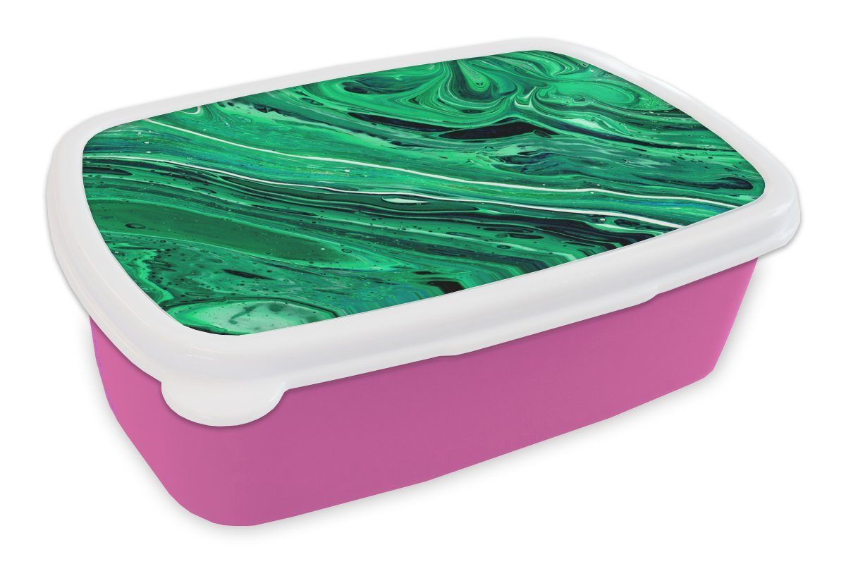 Brotdose rosa Ölfarbe Kunststoff MuchoWow - Marmor - Kunststoff, Lunchbox Kinder, Erwachsene, Mädchen, (2-tlg), Snackbox, Grün, Brotbox für