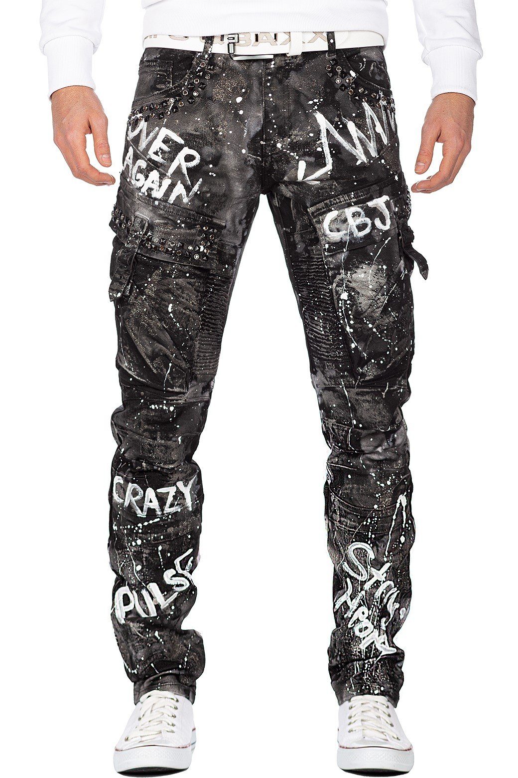 Cipo & Baxx Regular-fit-Jeans Biker Hose BA-CD572 Schwarz mit Glitzereffekt und Cargo