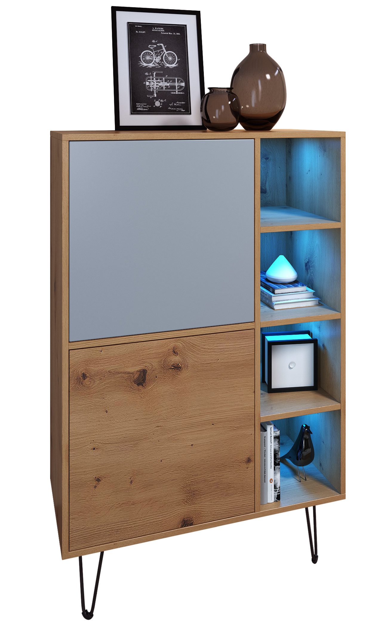 Vladon Highboard Havana V1 (Sideboard mit 2 Türen und 4 offene Fächer, Kommode mit LED, Made in Germany), Eiche Evoke / Denim matt (124 x 79 x 35 cm)