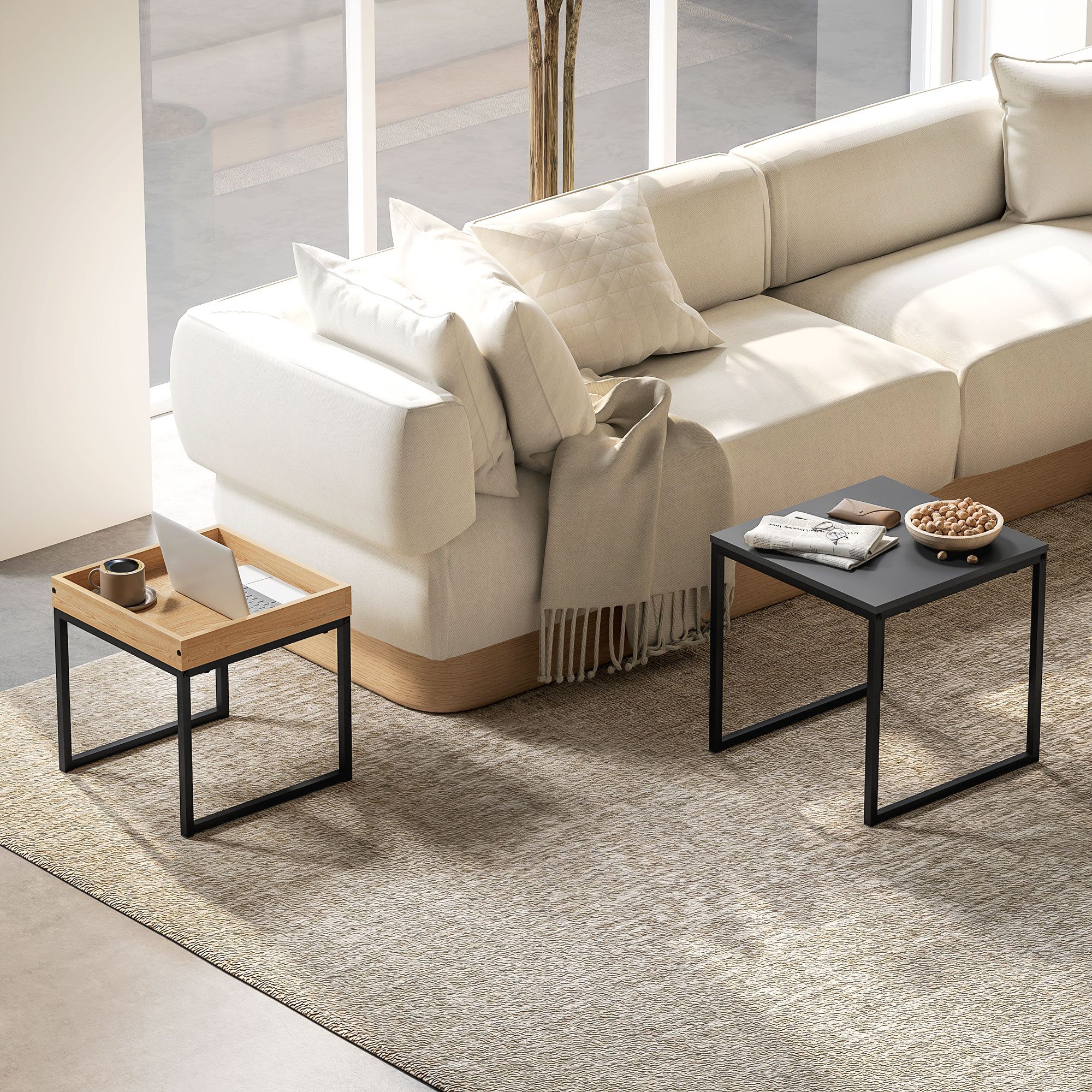 HOMCOM Couchtisch Satztisch mit Abnehmbarem Tablett, Stahlgestell, für Schlafzimmer (Kaffeetisch, 2-St., Eckiger Beistelltisch), für Wohnzimmer, bis 30 kg Belastbar, Schwarz+Eiche