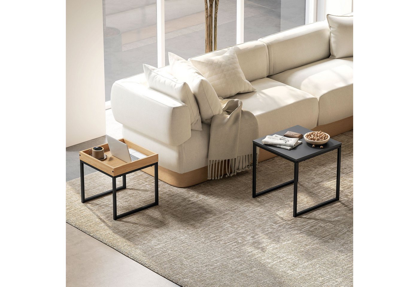 HOMCOM Couchtisch Satztisch mit Abnehmbarem Tablett, Stahlgestell, für Schlafzimmer (Kaffeetisch, 2-St., Eckiger Beistelltisch), für Wohnzimmer, bis 30 kg Belastbar, Schwarz+Eiche