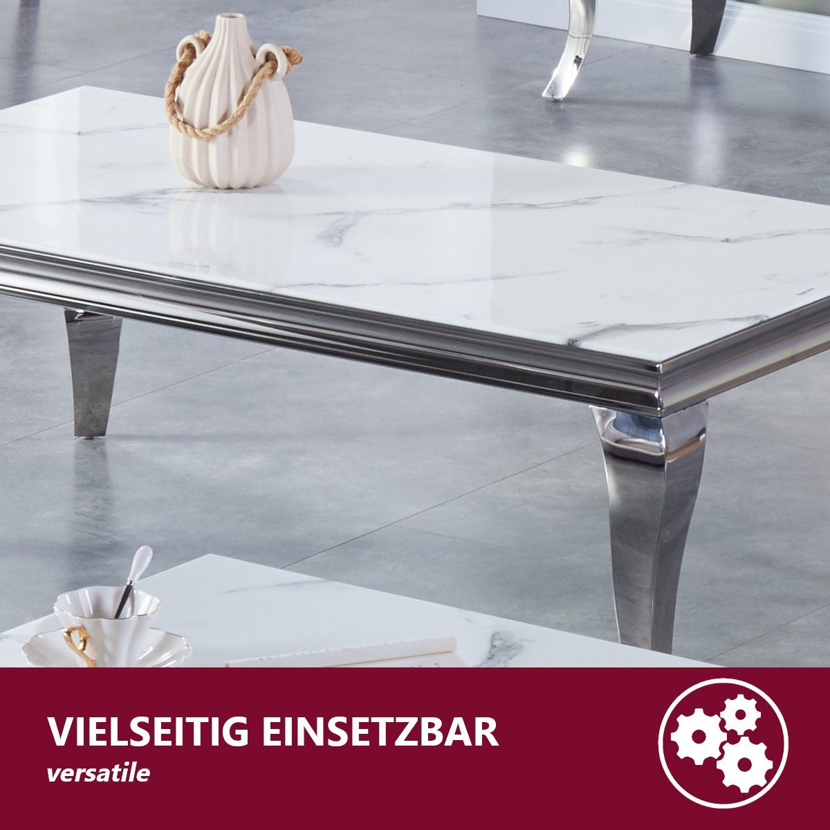 weiß, Tischplatte Marmoroptik - cm 115x65x0,6 Glasplatte rechteckig mit Facettenschliff HOOZ