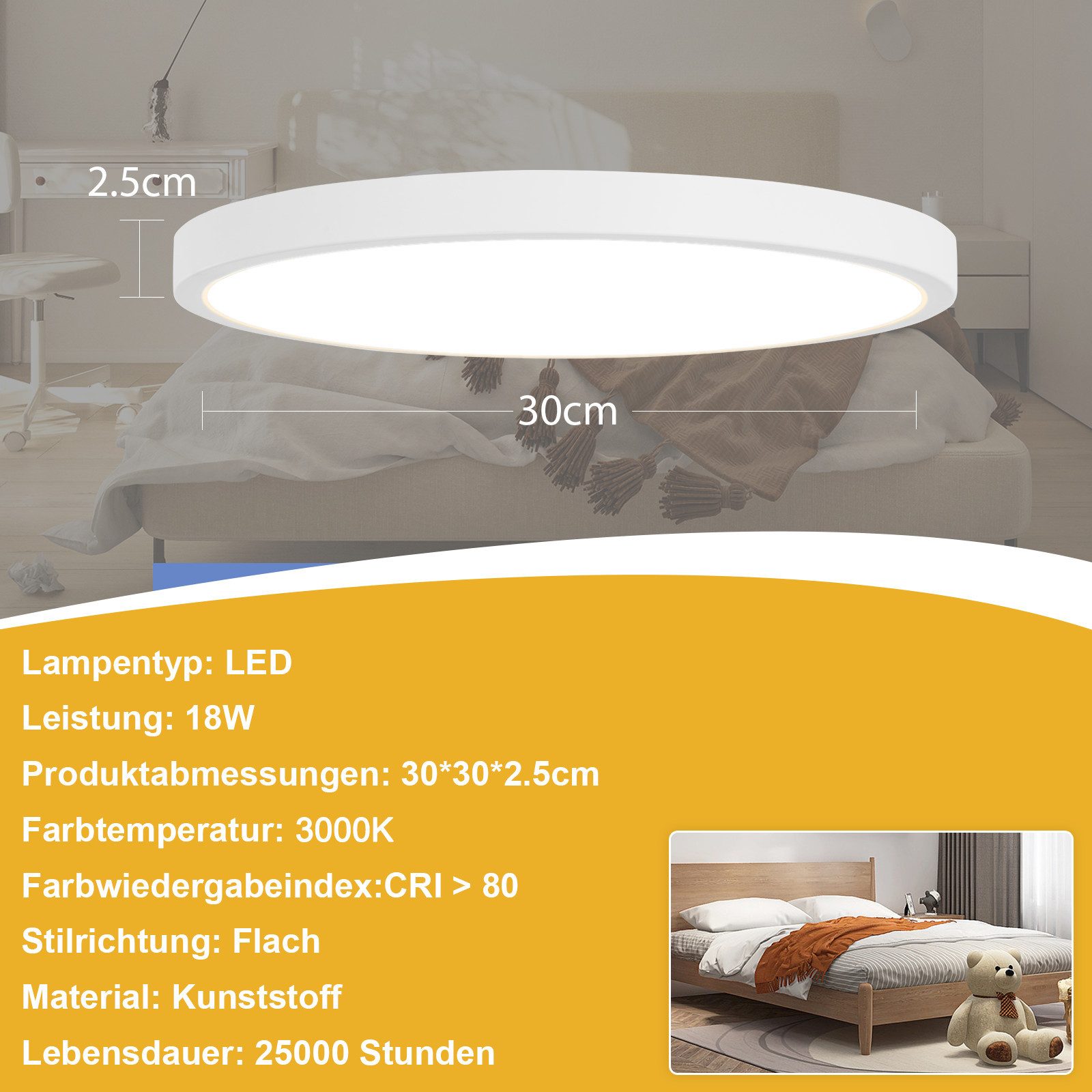 Nettlife LED Panel Deckenlampe Flach Rund Flurlampe Weiß Küchelampe 18/24W, LED fest integriert, Warmweiß, für Schlafzimmer Küche