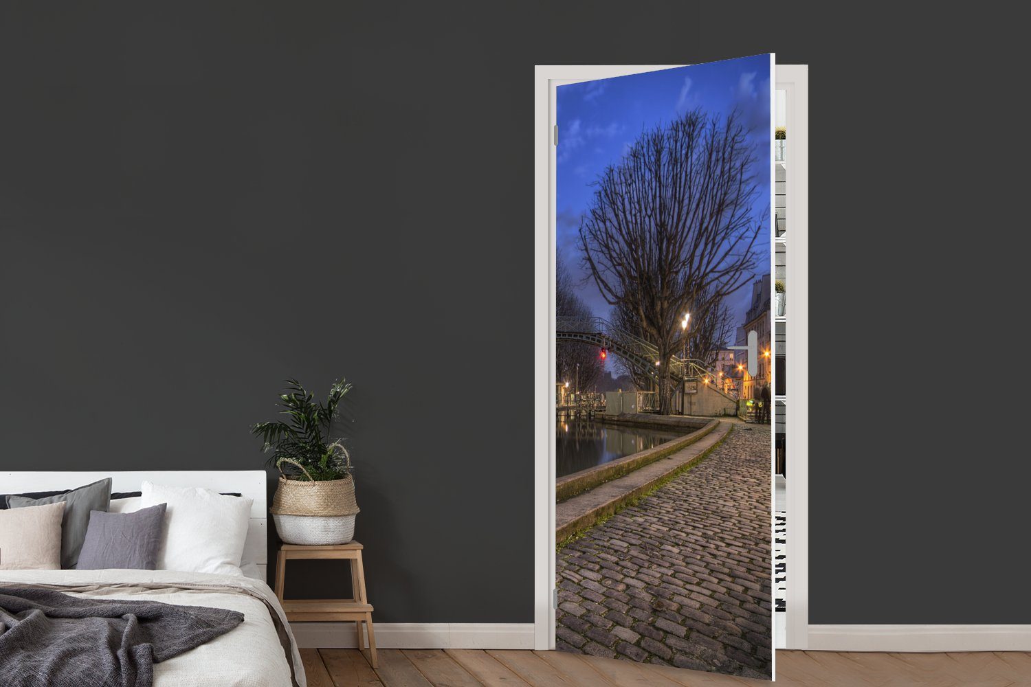 MuchoWow - Paris Tür, für Türtapete - Türaufkleber, St), Matt, (1 75x205 Nacht Fototapete cm Bäume, bedruckt,