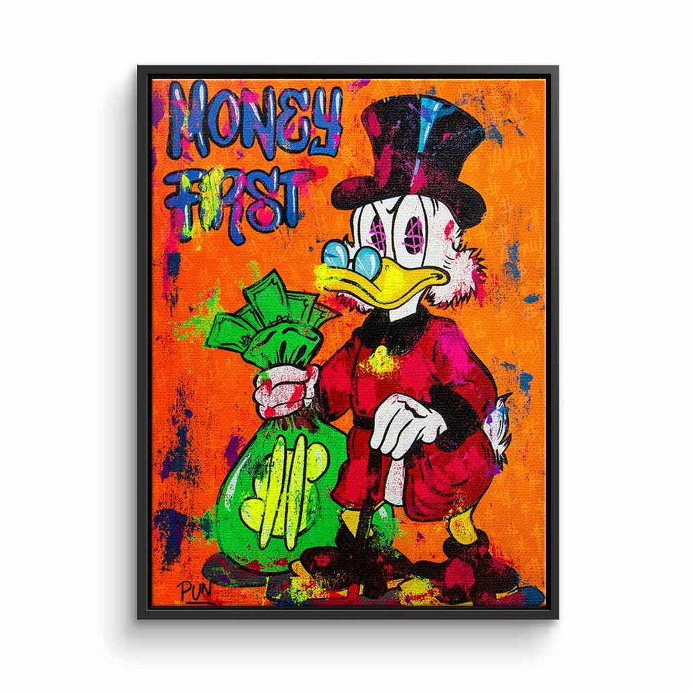 DOTCOMCANVAS® Leinwandbild, Leinwandbild Comic Dagobert Duck money first Scrooge McDuck orange Bür schwarzer Rahmen