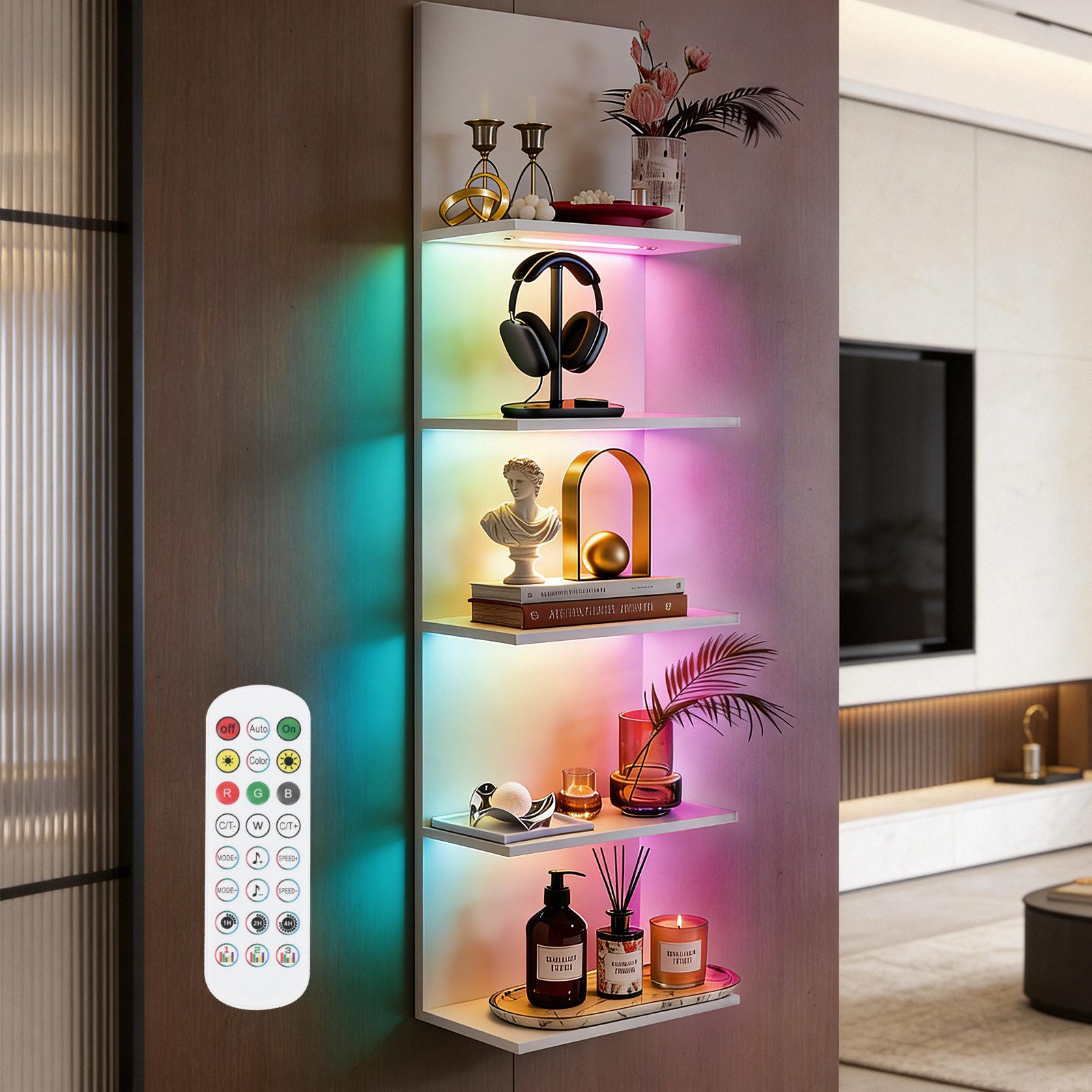 XERSEK Bücherregal Schweberegal Wandregal mit RGB+IC Lauflicht, Wanddisplay Hängeregal, Wandboard Aufbewahrung & Zeigen von Kopfhörer Modelle Duft Dekoartikel