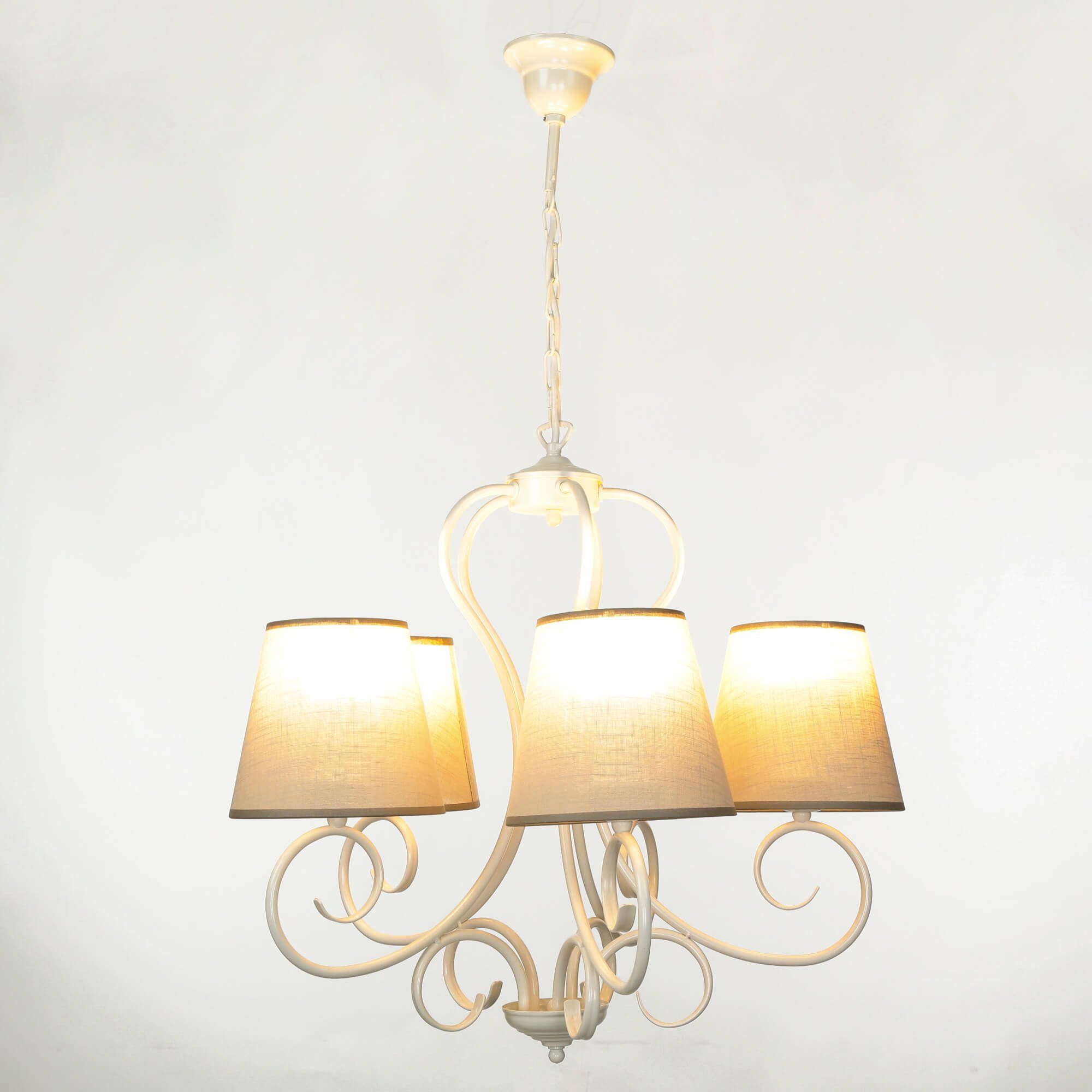 Licht-Erlebnisse Kronleuchter PURATH, ohne Leuchtmittel, Pendelleuchte mit Stoffschirm Weiß Beige 5-flammig E27 elegant