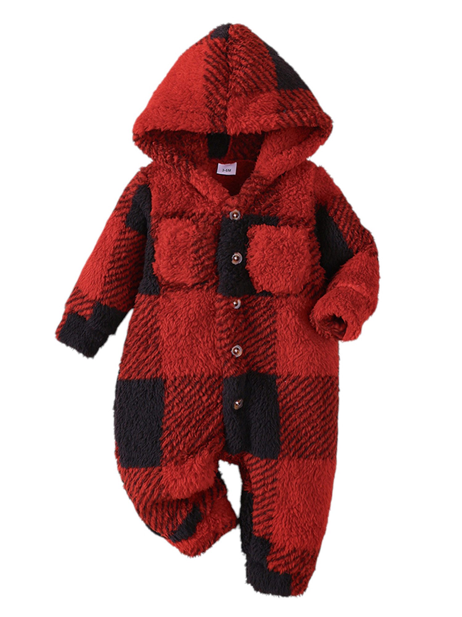 Gluckids Strampler Unisex Baby Weihnachts-Plüsch-Strampler mit Kapuze und Karomuster (1-tlg) Warmer Kontrast Babykleidung für Herbst Winter, mit Knopfverschluss