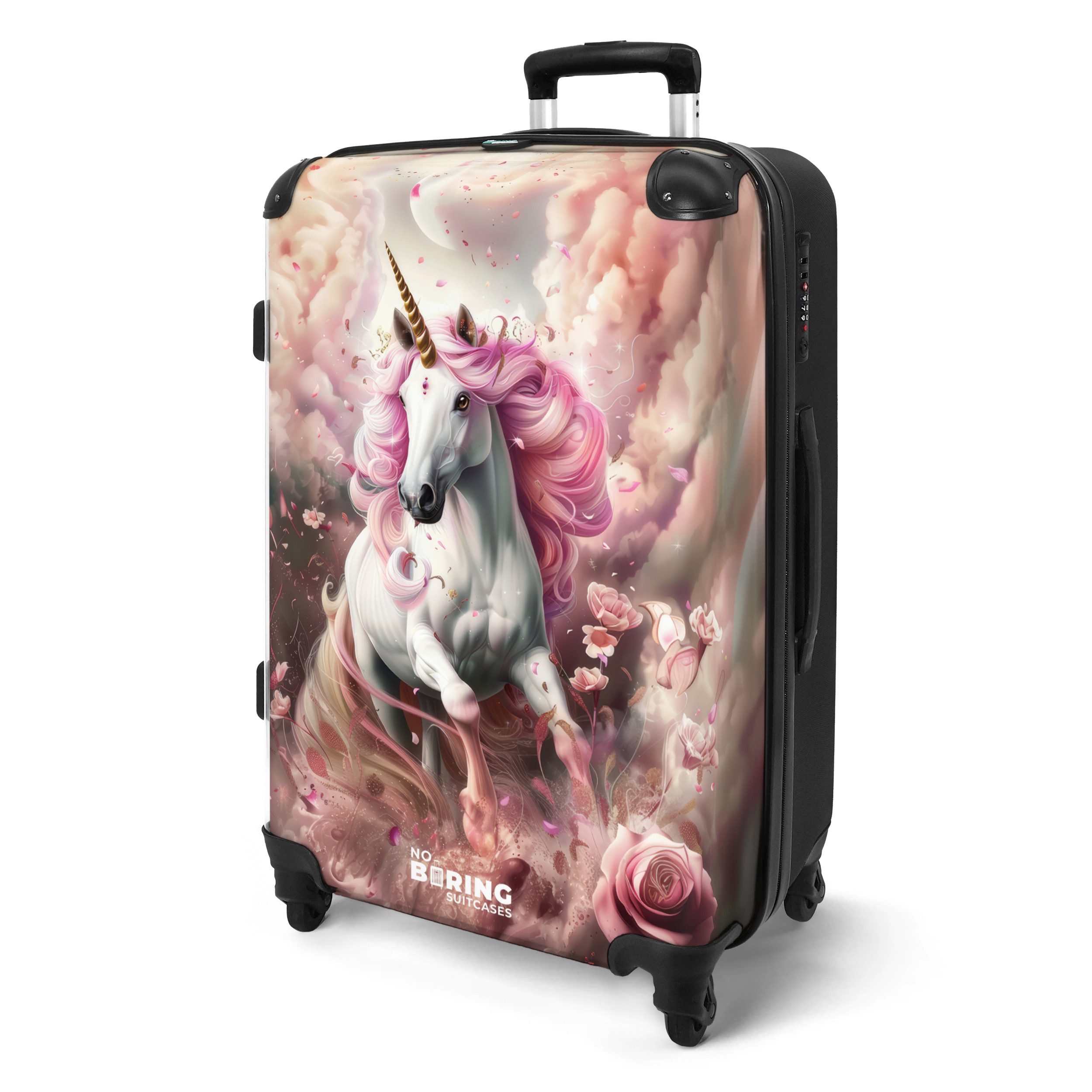 NoBoringSuitcases.com© Kinderkoffer mit leuchtende Räder - Einhorn - Rosen - Magie 67 cm - 72 L, 4 Rollen, Koffer Mittelgroß für 20kg, Suitcase für Erwachsene, Reisekoffer