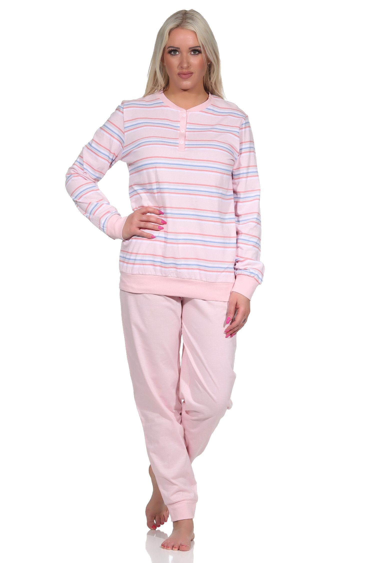 Normann Pyjama Damen Schlafanzug langarm Pyjama mit Bündchen in pastellfarbenen Look rosa