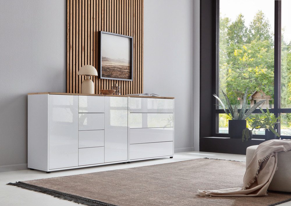 BMG Möbel Kommode Sideboard Mailand Set 14 in verschiedenen Ausführungen (2tlg), mit weiß lackierten Hochglanzfronten und Push-to-open-Funktion