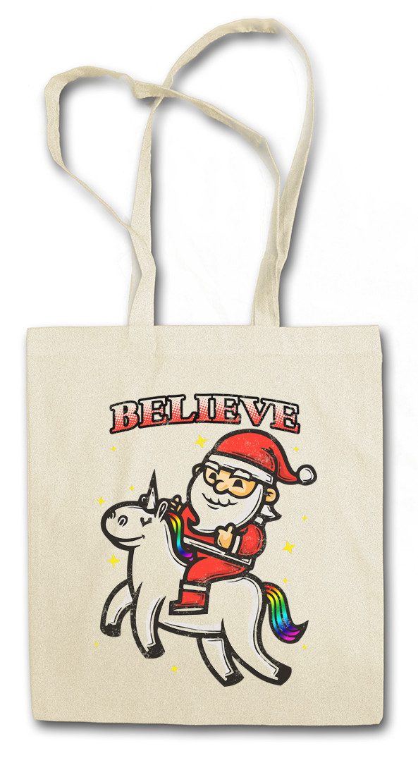 Beuteltasche Believe Unicorn Santa Stofftasche Einhorn Regenbogen Rainbow Clause