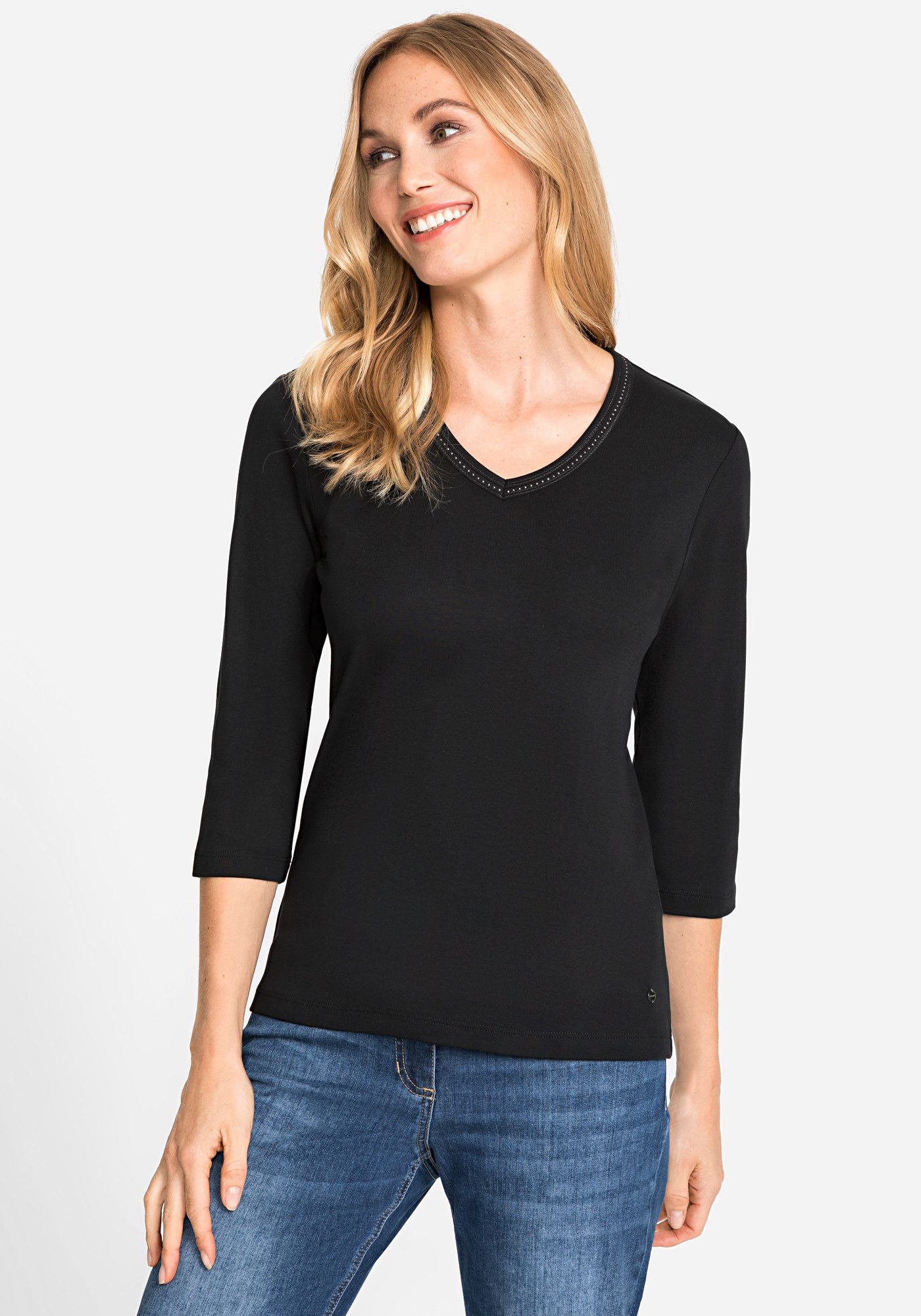 Olsen T-Shirt mit dekorativen Steinchen am V-Ausschnitt