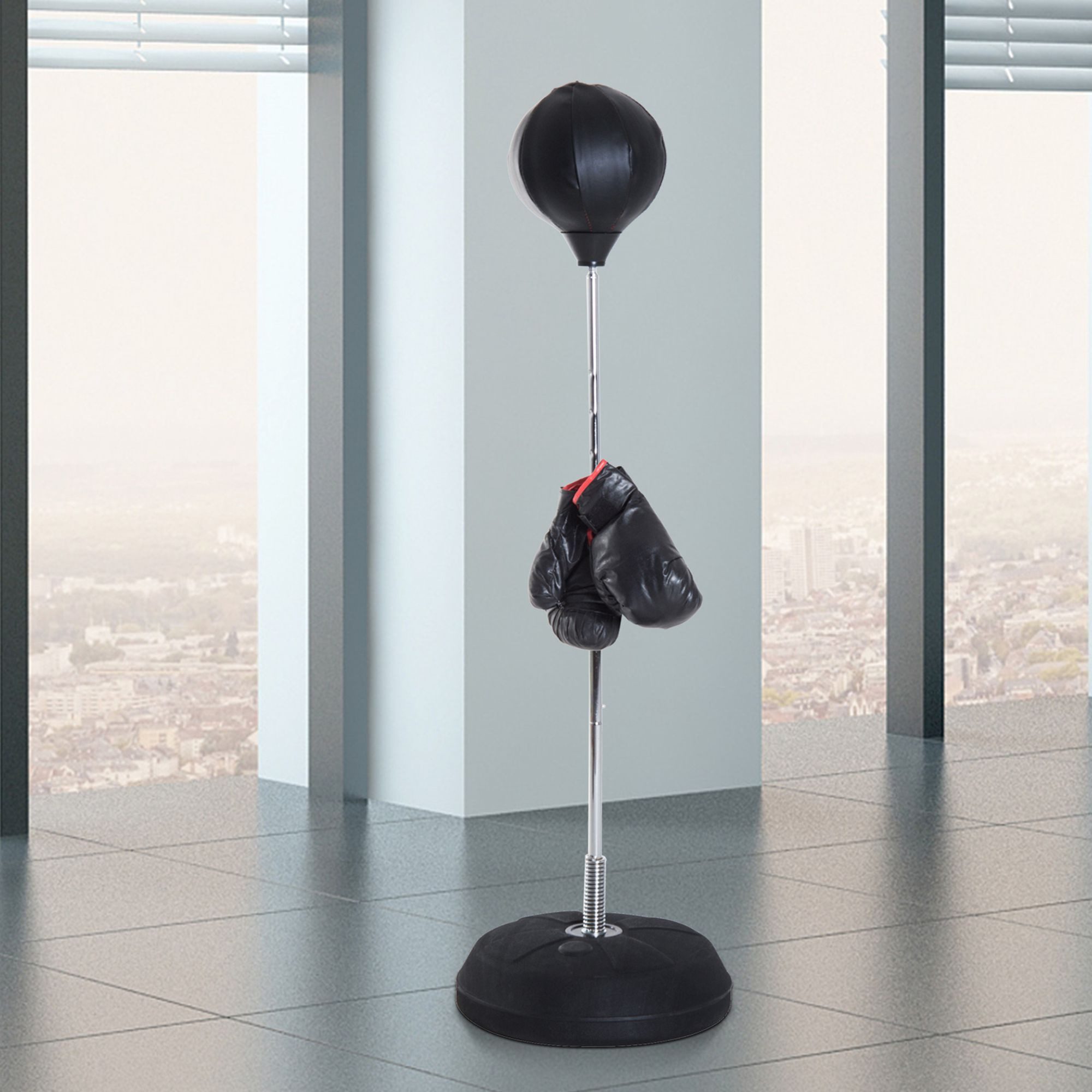 HOMCOM Punchingball 126-144cm mit Ständer Boxbirne Boxhandschuhen Pumpe Speedball (Boxständer, 1-tlg., Boxsack), höhenverstellbar, Schwarz