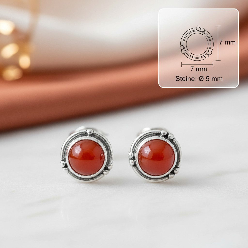 mantraroma Paar Ohrstecker LITANG aus 925 Silber mit Karneol (Paar, Paar Ohrringe mit Schmuckbeutel), 925 Sterling Silber Ohrringe für Damen