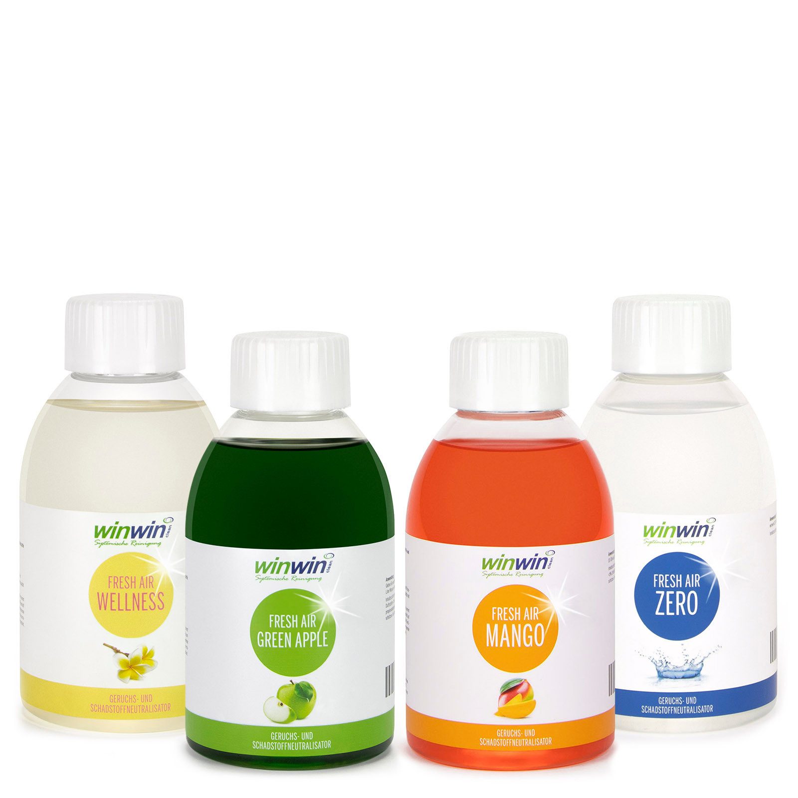 winwinCLEAN Raumduft fresh AIR SET 4x 250ml: Raumluft-Deo, Luftreinigungs-Konzentrat (Spar Set, 4-St., fresh AIR 250ml I Wellness I Green Apple I Mango I Zero), Geruchsentferner,Geruchsneutralisierer,Reinigungsmittel,Air Purifier