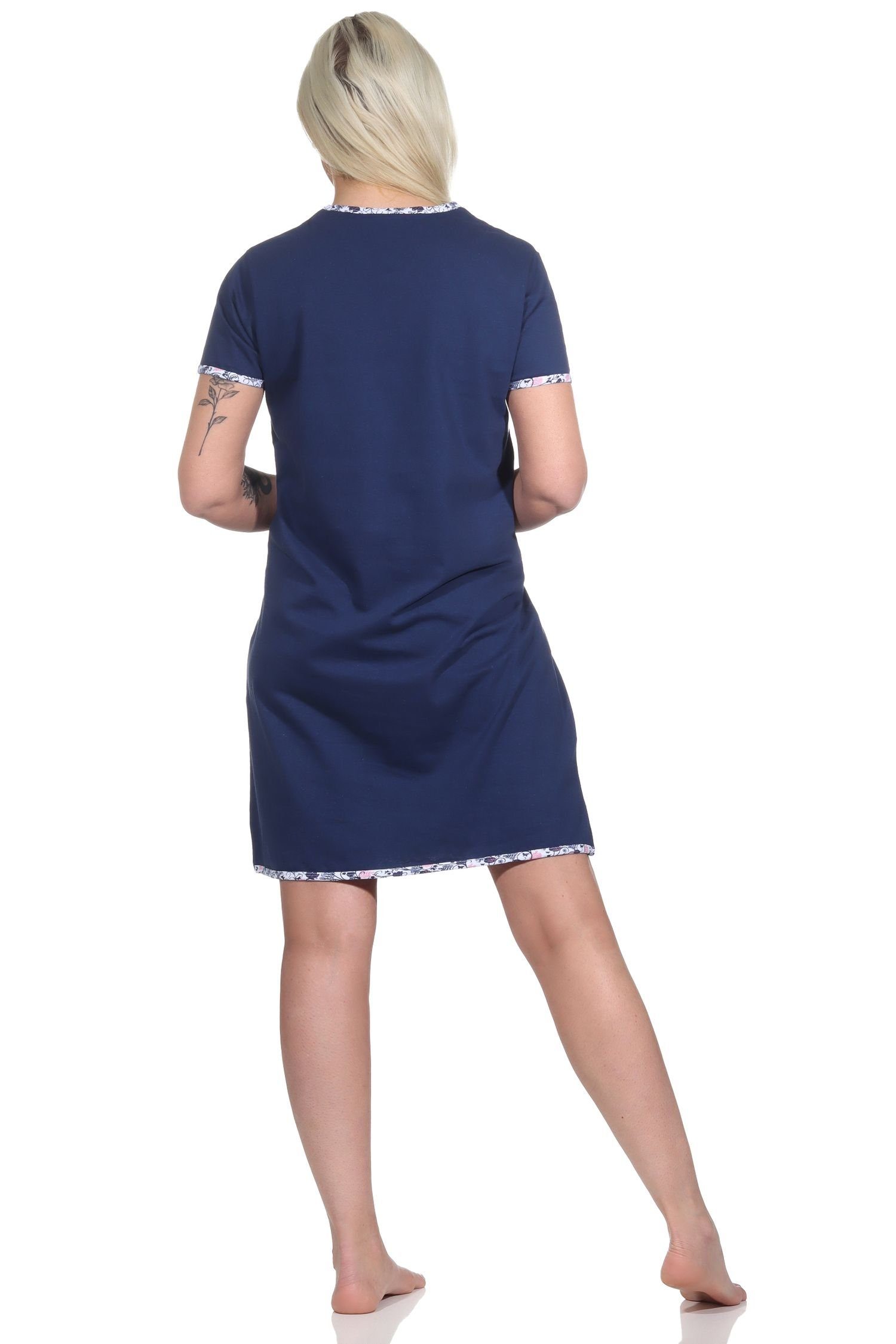 RELAX by Normann Nachthemd Florales Damen mit kurzes Bigshirt V-Ausschnitt, Nachthemd marine