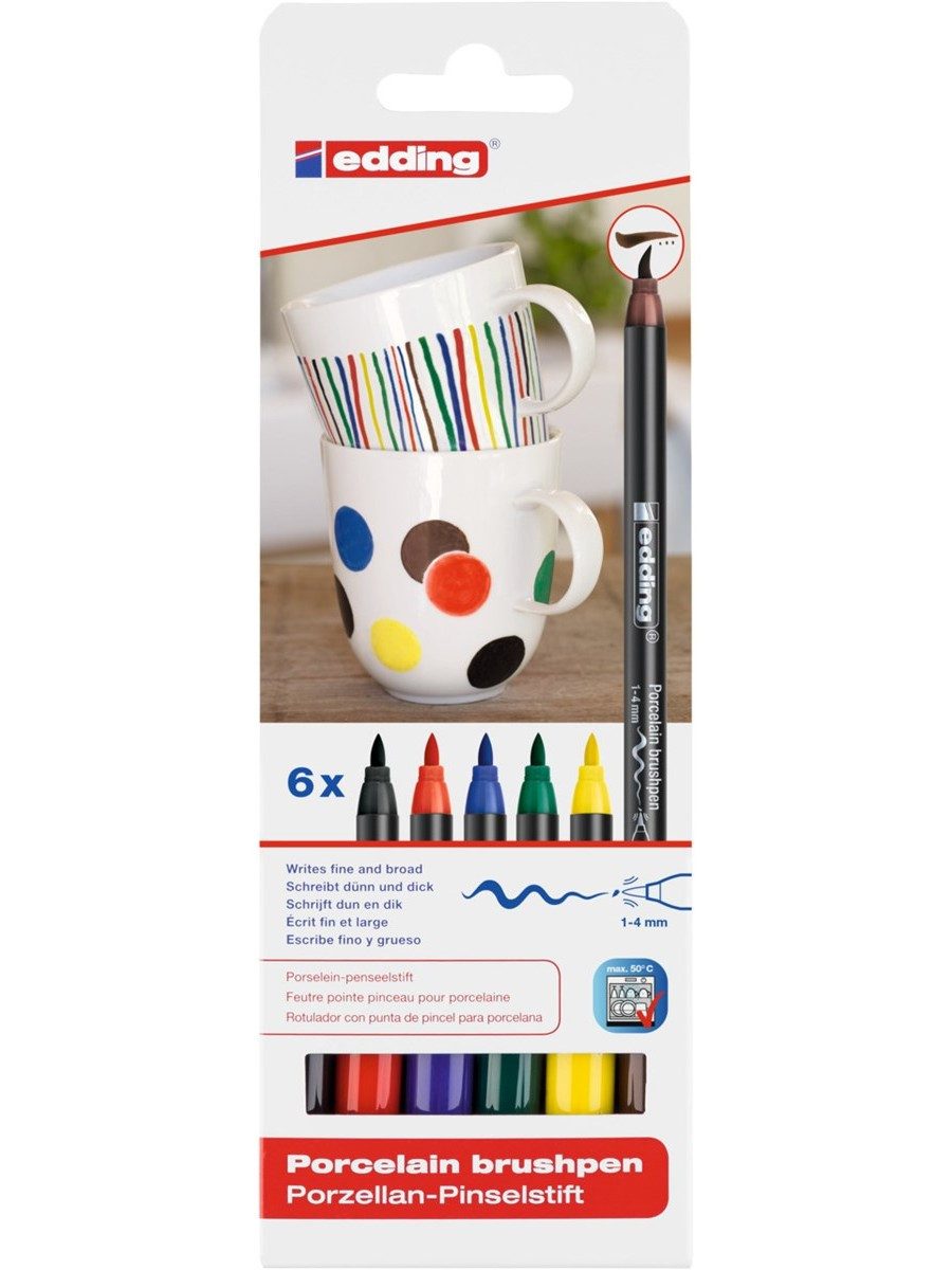 edding Pinselstift Porzellan-Pinselstift Set für Keramik und Glas 6 Stück, Flexible Pinselspitze