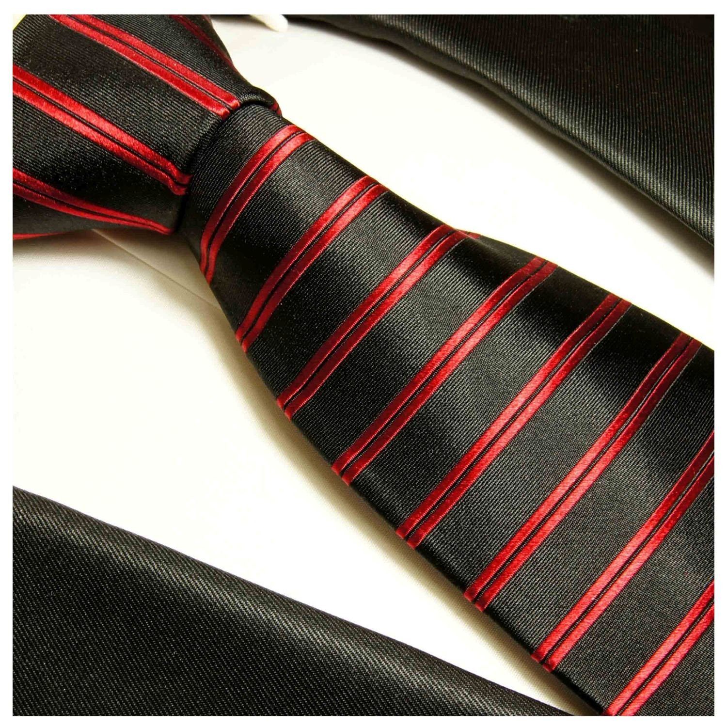 modern (8cm), Paul Herren 2-St., Malone mit 100% gestreift Einstecktuch) Krawatte 400 schwarz (Set, Tuch Seide rot Breit mit Krawatte Seidenkrawatte