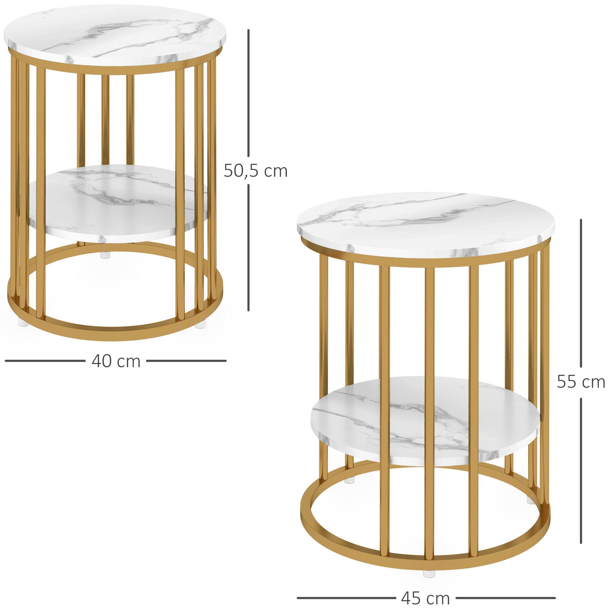 HOMCOM Couchtisch Wohnzimmertisch in Marmoroptik Kaffeetisch mit Ablage, rund (Sofatisch, 2-St., Beistelltisch), für Wohnzimmer Schlafzimmer Weiß – Bild 3 von 5