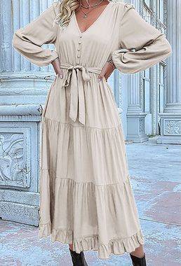 AFAZ New Trading UG Sommerkleid Herbst und Winter neues langärmliges Plissee-Mosaikkleid Lockere lange Röcke für Damen, weiche Kleider, bezaubernde Kleider