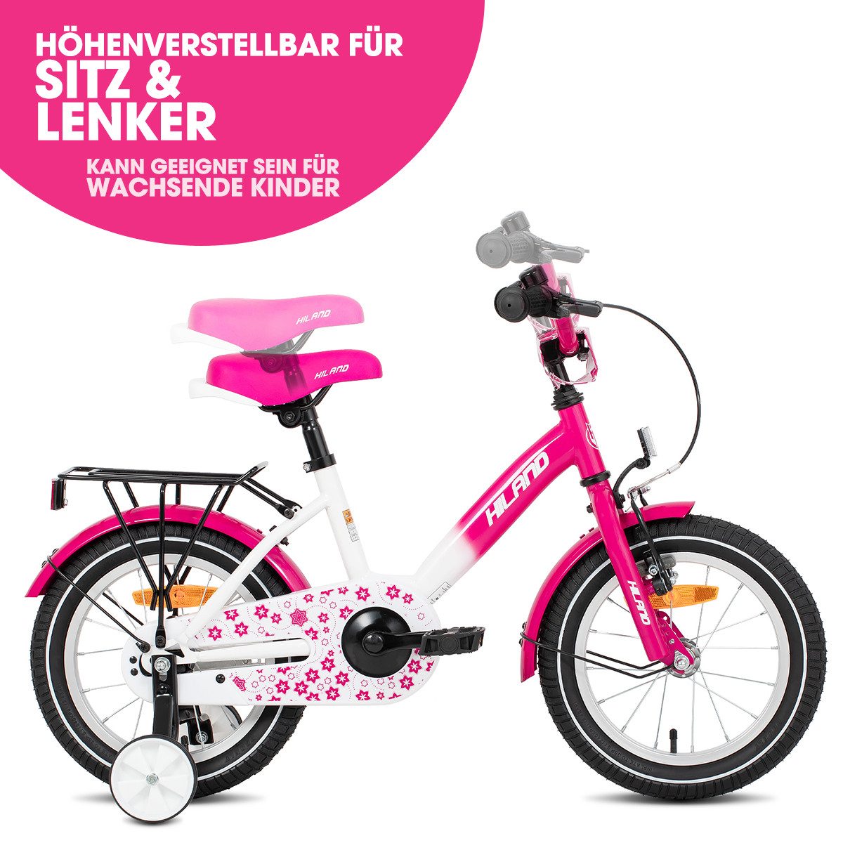 HILAND Kinderfahrrad Starry 12/14/16 Zoll Mädchenfahrrad, 1 Gang, Mit Handbremse, Rücktrittbremse, Gepäckträger, Kotflügel, Hilfsrad