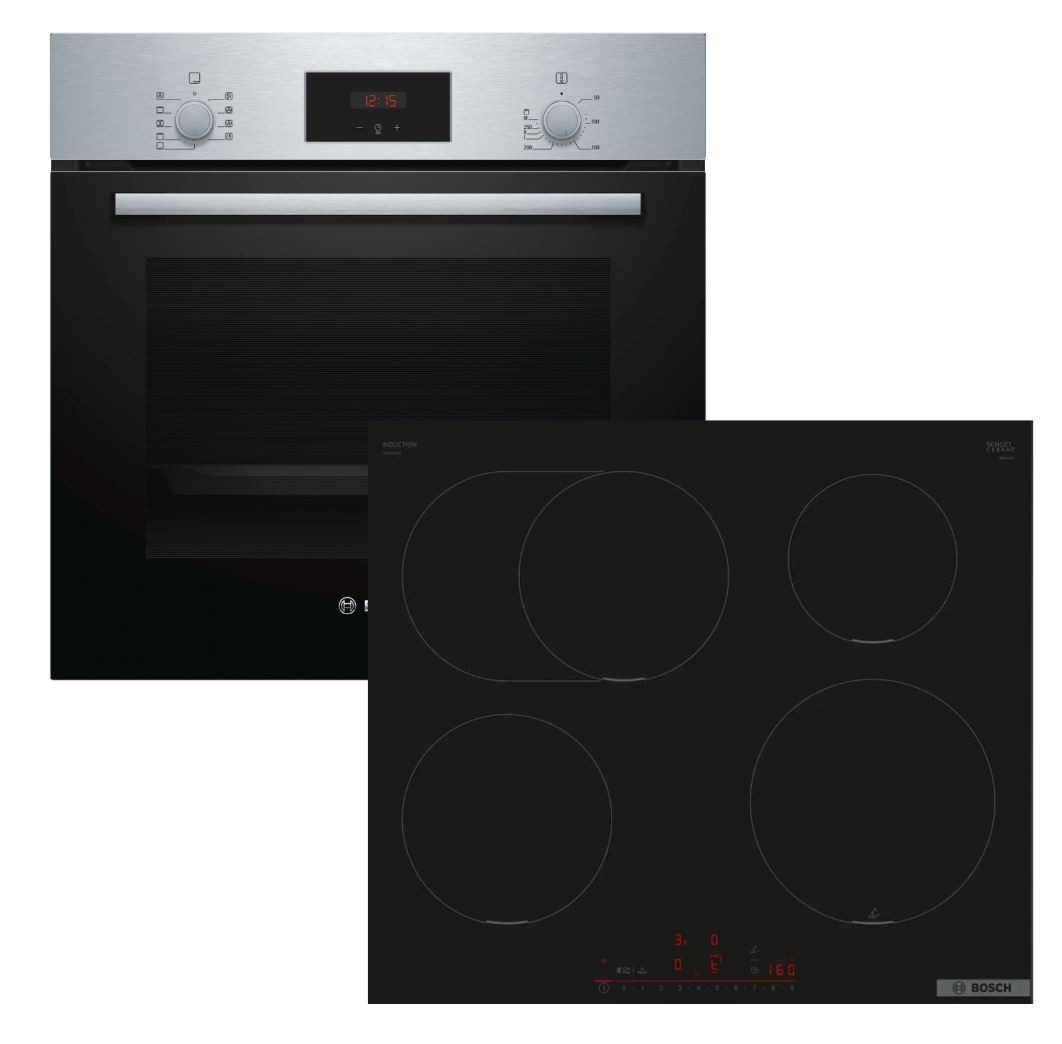 BOSCH Backofen-Set Teleskopauszug 3D-Heißluft + Induktionskochfeld Booster autark 60 cm
