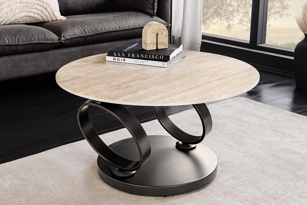 riess-ambiente Couchtisch DANCING RINGS rost/schwarz - rund, Travertin, Keramik, drehbar, Metall (Einzelartikel, 1-St), mit 2 Ebenen & Drehmechanismus – ideal für Wohnzimmer & Loungebereich