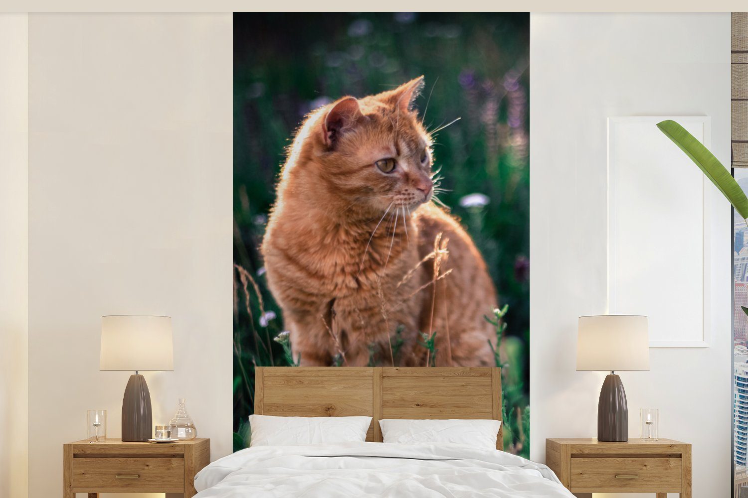 MuchoWow Fototapete Katze - Blumen - Mantel, Matt, bedruckt, (2 St), Vliestapete für Wohnzimmer Schlafzimmer Küche, Fototapete