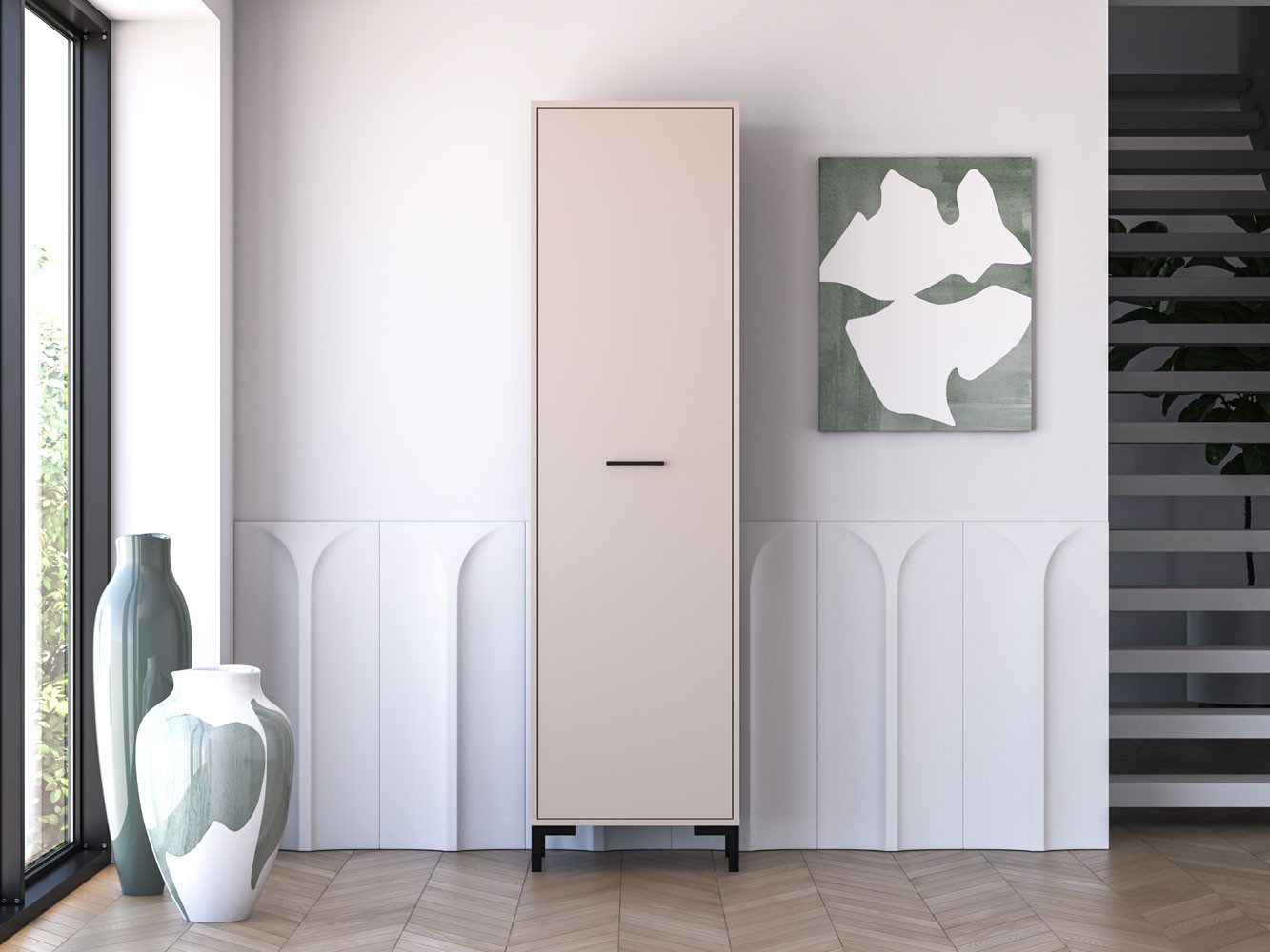 Feldmann-Wohnen Garderobenschrank Oiven (mit Tür, mit Einlegeböden, mit ausziehbarer Kleiderstange, 1-St., moderne Optik, 1-türig mit ausziehbarer Kleiderstange) 55x34x200cm Cashmere 1-türig