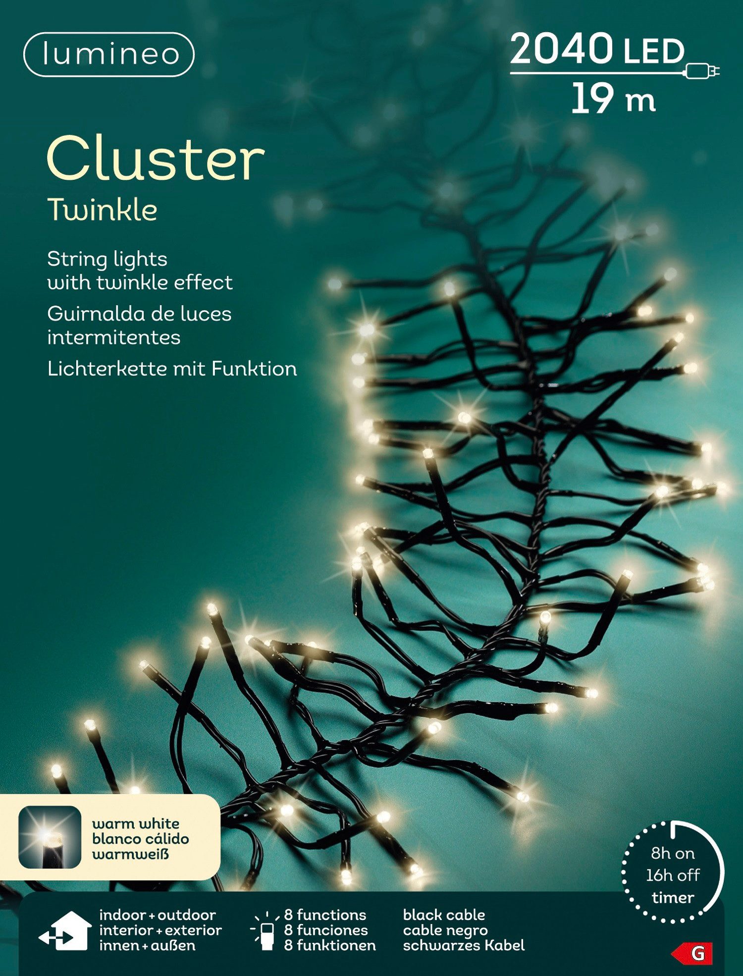 Lumineo LED-Lichterkette Lumineo Lichterkette CLUSTER TWINKLE 2040 LED 19 m warm weiß, schwarz, Indoor/Outdoor, 8 Effekte, 8h-Timer, + 5 Meter Zuleitung