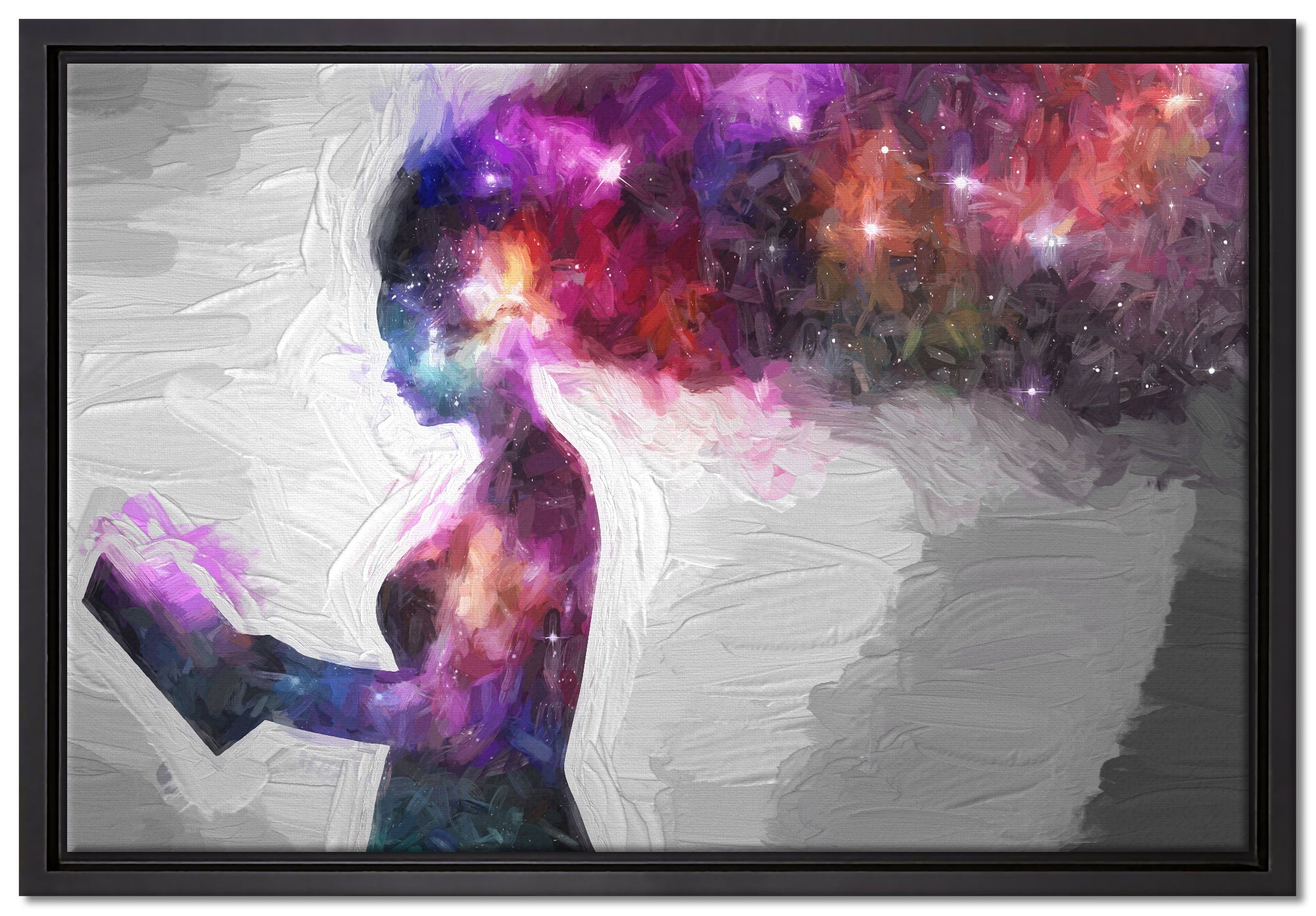 Pixxprint Leinwandbild abstrakte Frau mit Buch Kunst, Wanddekoration (1 St), Leinwandbild fertig bespannt, in einem Schattenfugen-Bilderrahmen gefasst, inkl. Zackenaufhänger