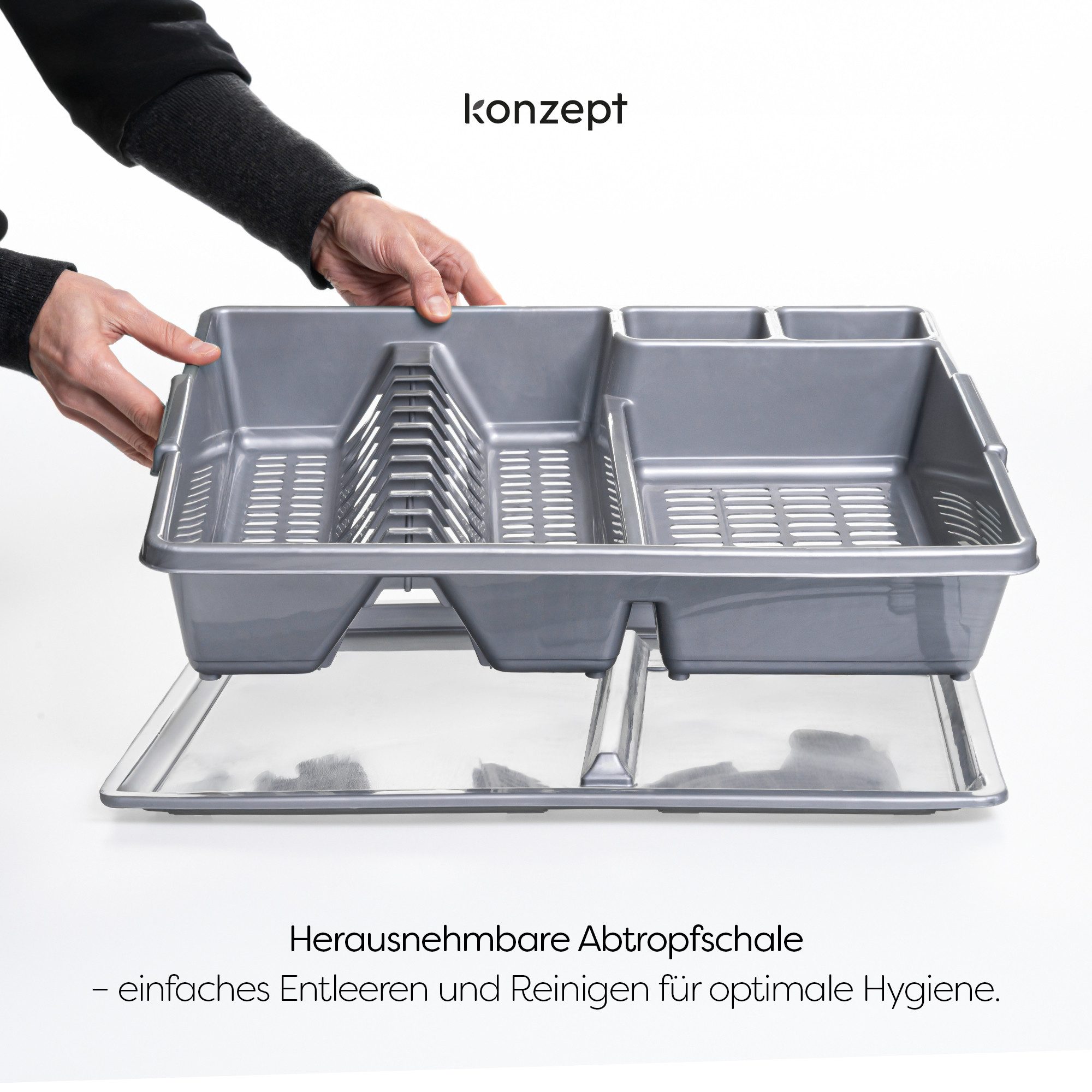 KONZEPT Geschirrständer 2-in-1 mit Abtropfschale, für Küche & Camping, Maße (L x B x H): 44,5 cm x 35,5 cm x 9,5 cm. Spülmaschinengeeignet. – Bild 5 von 5