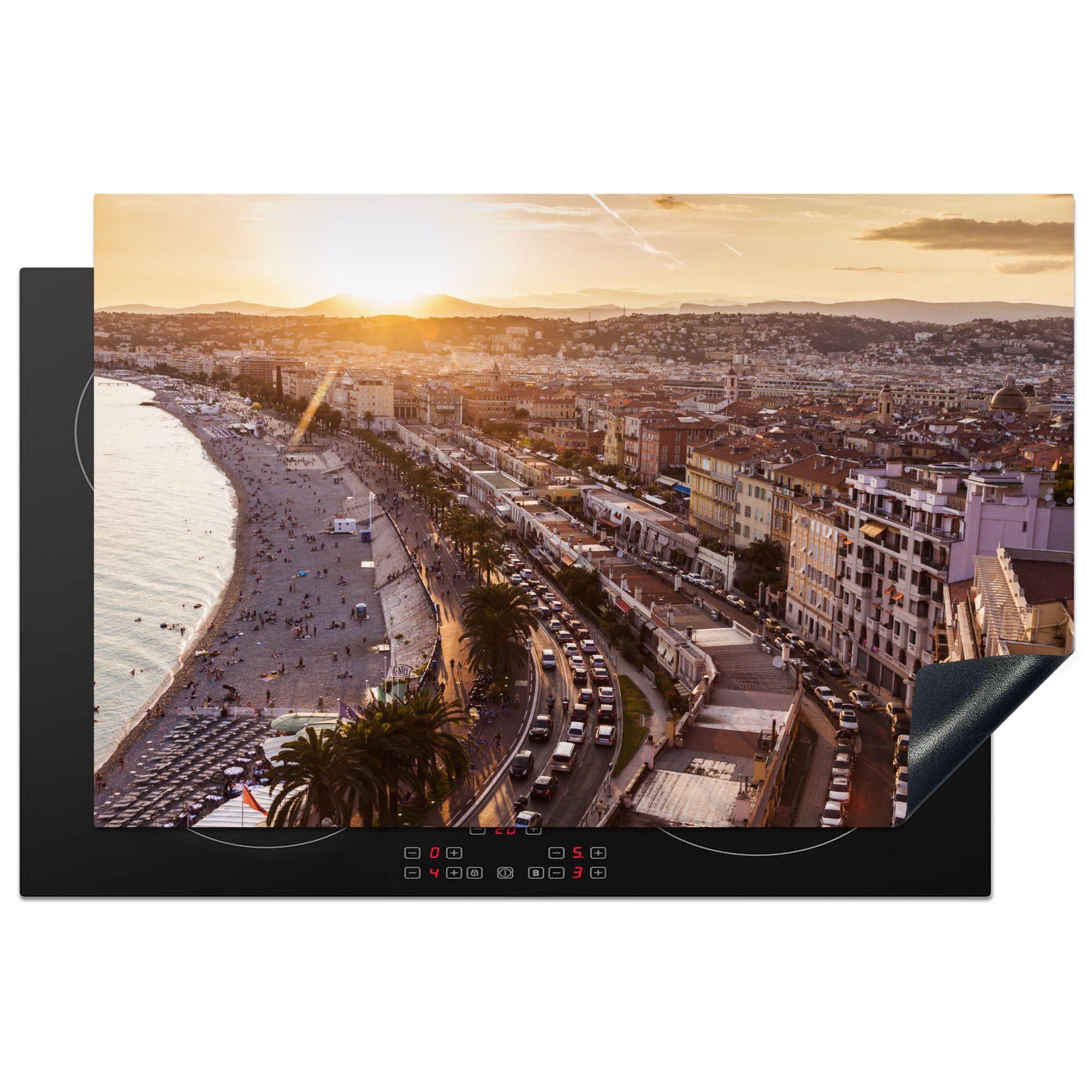 MuchoWow Herdblende-/Abdeckplatte Sonnenuntergang - Stadt - Nizza, Vinyl, (1 tlg), 81x52 cm, Induktionskochfeld Schutz für die küche, Ceranfeldabdeckung