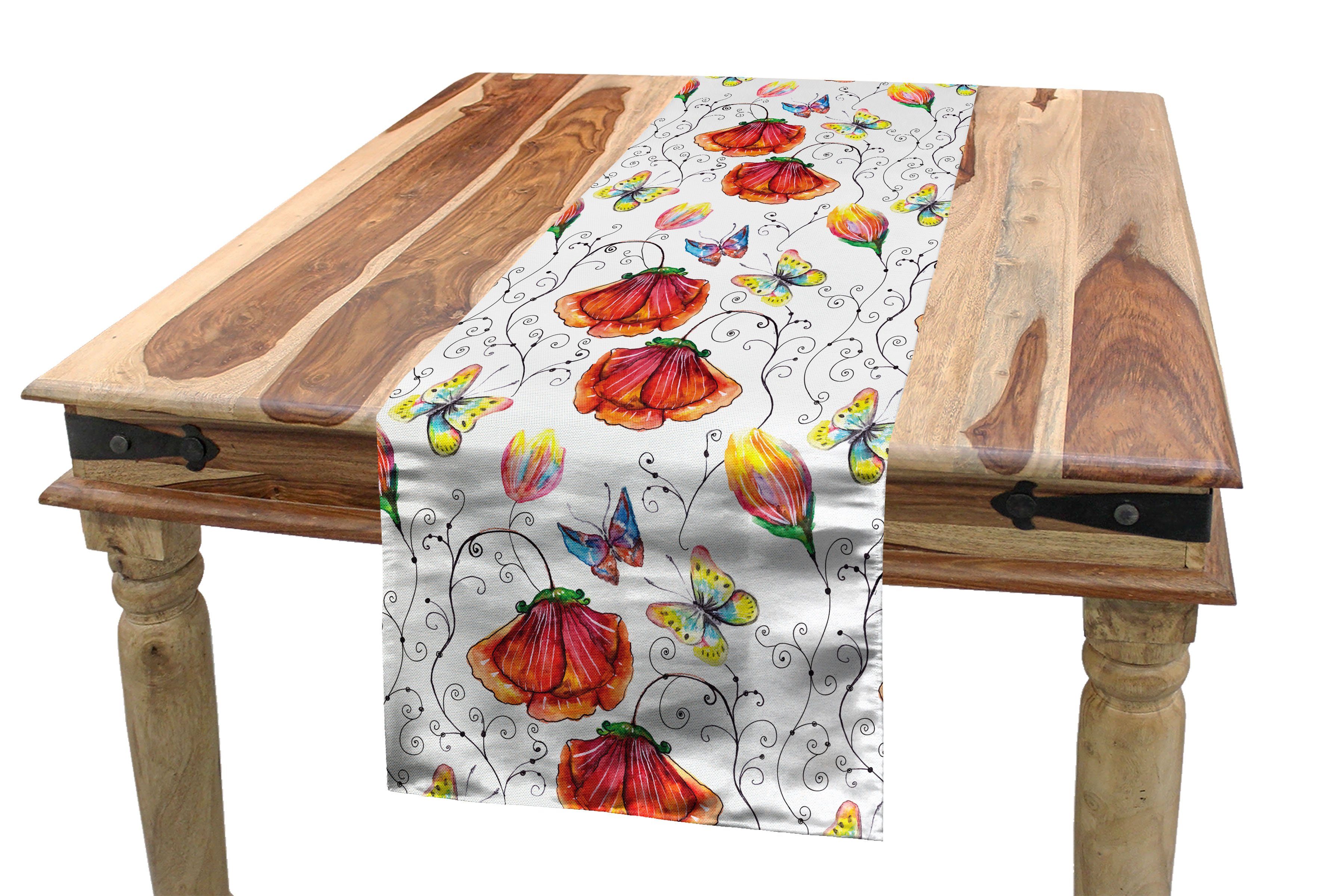 Tischläufer, Natürliche Abakuhaus Esszimmer Tischläufer Schmetterling Szene Aquarell Dekorativer Rechteckiger Küche