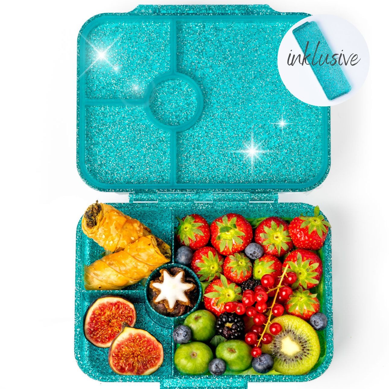 LEKKABOX Lunchbox Glitzer Brotdose, 4 Fächer - Kinder Bento Box Vesperdose Brotbox, Für feuchte Lebensmittel auslaufsichere Bento Box, inkl. extra Trenner