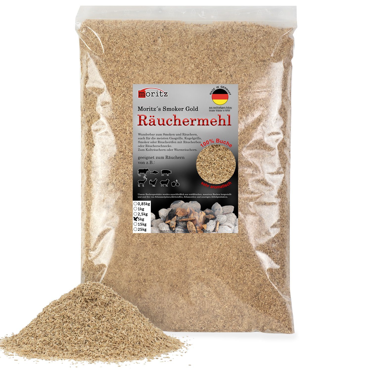 Moritz Räucherbox 5kg Räuchermehl Buche fein 0,5 -1 mm Räucher Mehl Späne für Schnecke Sparbrand Spirale Fisch Fleisch