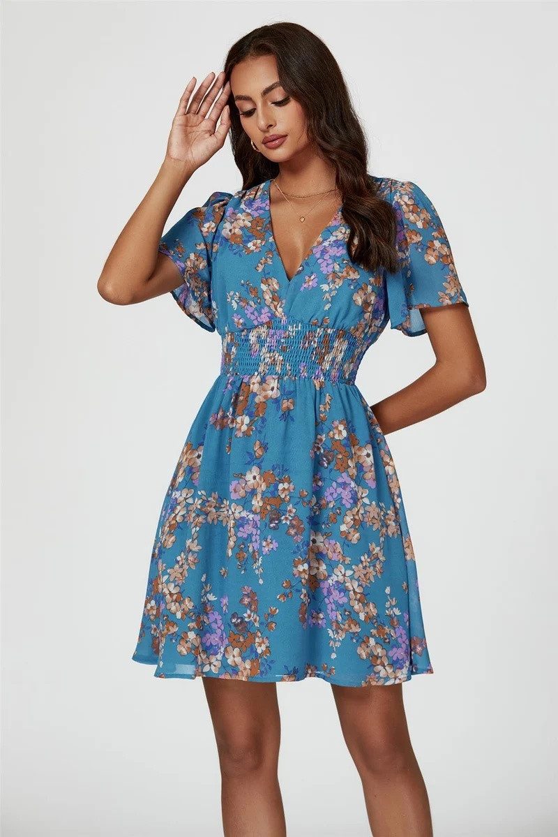 FS Collection Minikleid Damen Minikleid Sommerkleid Freizeitkleid Kurzkleid V-Ausschnitt (XS (EU:36 / UK:8) · S (EU:38 / UK:10) · M (EU:40 / UK:12) · L (EU:42 / UK:14) · XL (EU:44 / UK:16) Gesmokte Taille mit femininem Printdesign