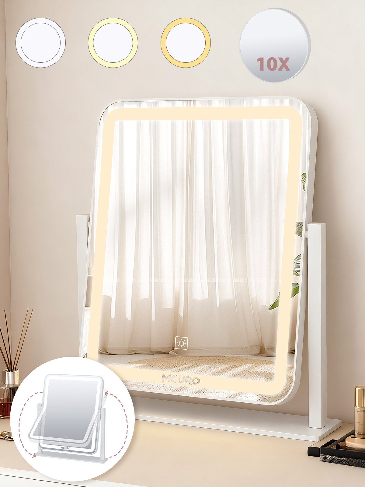 MCURO LED-Lichtspiegel LED Schminkspiegel 1500mAh,1/10 Vergrößerung mit beleuchtung, Höhenverstellbar HD-Spiegel Rasierspiegel für Zuhause Schminktisch