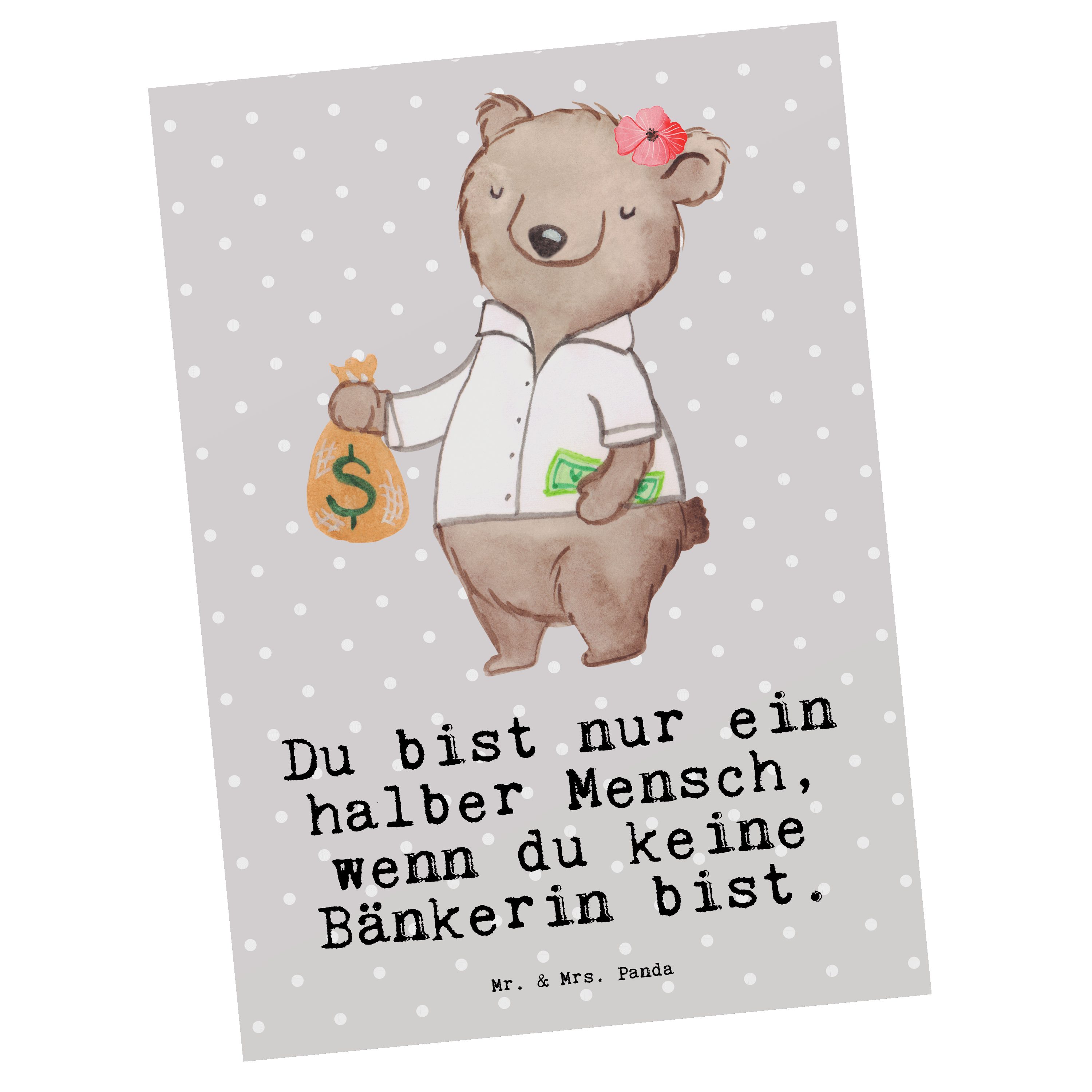 Mr. & Mrs. Panda Postkarte Bänkerin mit Herz - Grau Pastell - Geschenk, Kollege, Einladung, Rent