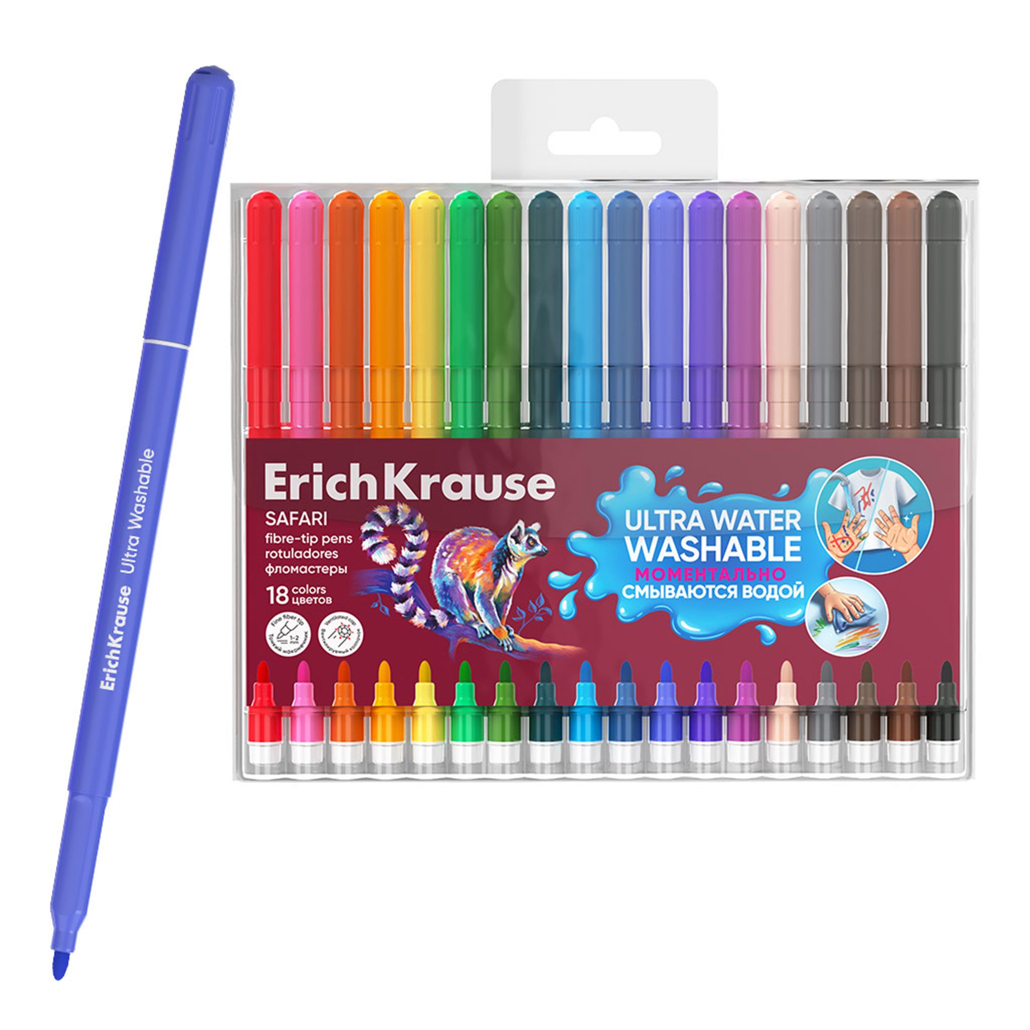 Erich Krause Filzstift, Filzstifte 2mm Safari ultra auswaschbar 18 Farben Set